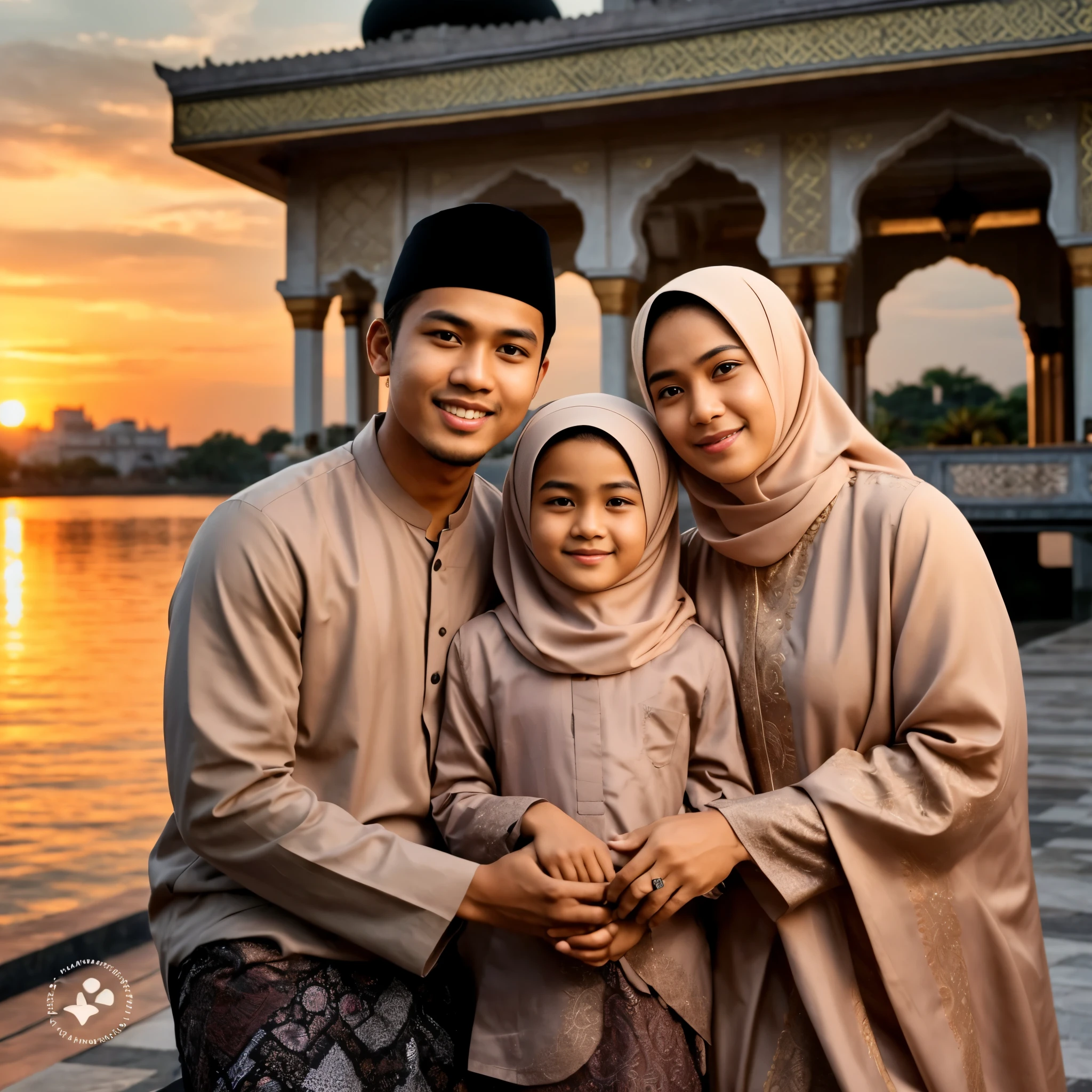 a young Indonesian man, handsome face, short hair wearing Muslim clothes, complicated motifs, with a black cap on his head, lips pressed together in a smile, standing with his wife and 7 year old daughter wearing a hijab, in front of a magnificent mosque, their hands are in a namaste position, with a beautiful natural view. very beautiful, faces look clear and real, facing the camera, sunset