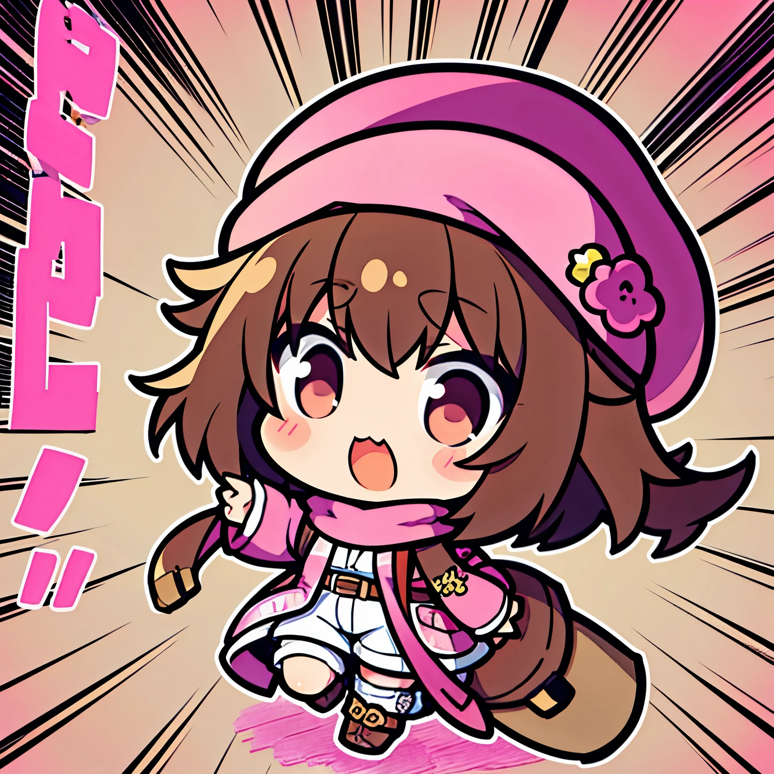 best quality, super fine, 16k, incredibly absurdres, extremely detailed, cute chibi girl warrior, short brown hair, big round eyes, wearing big hot-pink beret, hot-pink baggy coveralls, hot-pink scarf around the neck, wilderness, fantasy game character, wind, wind-effect, motion-blur, action-lines, speed-lines