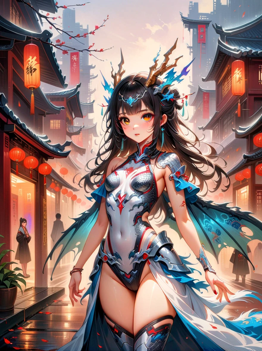 Works of Chinese style masters，(best quality, 4K, high resolution, masterpiece:1.2)，Super detailed，lifelike，shining，Traditional Chinese ink painting, willow branches, Wu Changshuo, ((masterpiece)), best quality, illustration, 1 girl, small breasts, beautiful detailed eyes, beautiful detailed cyberpunk city, flat chest, beautiful detailed hair, wavy hair, beautiful detailed street, mecha clothes, robot girl, cool movement, silver bodysuit, (filigree), dragon wings, colorful background, a dragon stands behind the girl, rainy days, (lightning effect), beautiful detailed silver dragon armor, (cold face)，composition，Dazzling colors，Stunning visual effects，otherworldly appearance，Fascinating artistry，eyes on the audience, first-person view, anatomically correct, ccurate, 8k