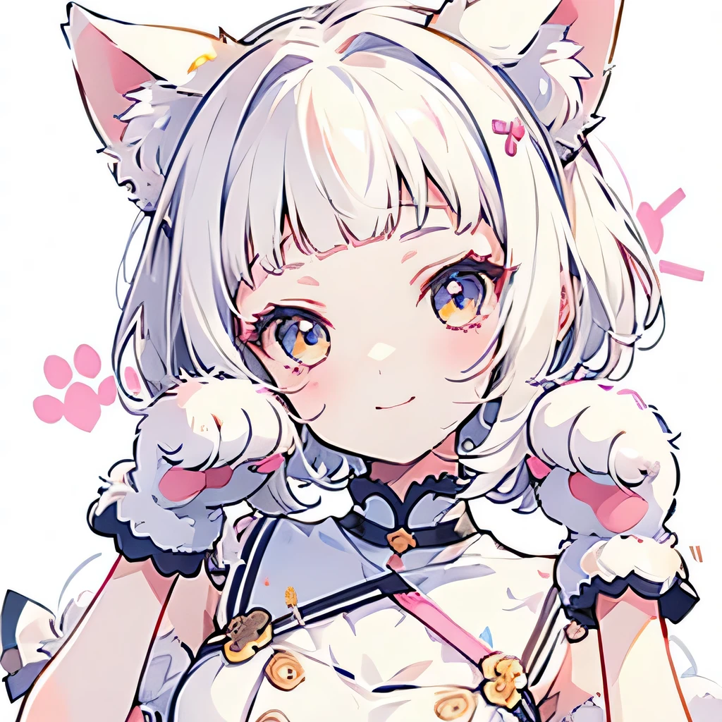 Girly girl, flat, posing, white hair, innocent, face focus, face close-up, very short bangs, cute, white background, short hair, furry, neko girl, paws, adorable, kitty girl, claws, honey eyes, paw gloves, happy, smiling, bubbly, bright