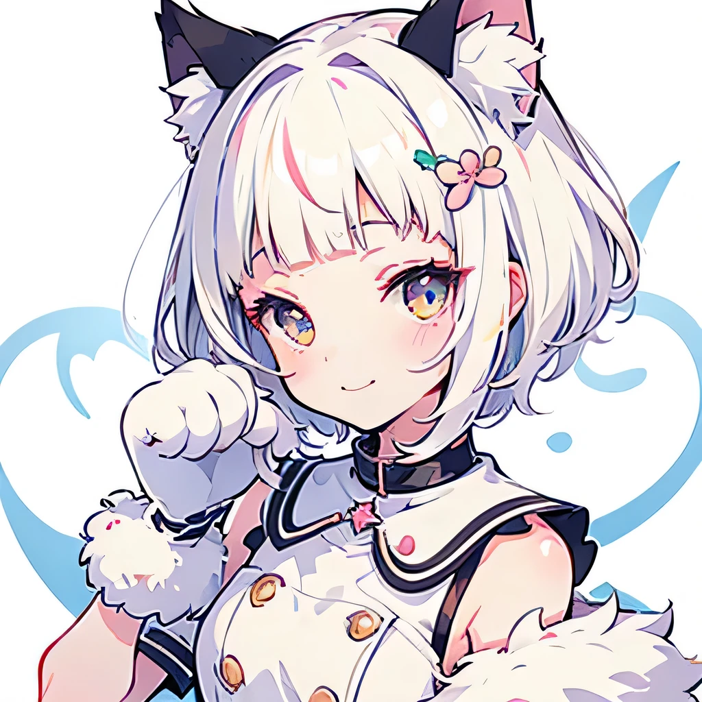 Girly girl, flat, posing, white hair, innocent, face focus, face close-up, very short bangs, cute, white background, short hair, furry, neko girl, paws, adorable, kitty girl, claws, honey eyes, paw gloves, happy, smiling, bubbly, bright