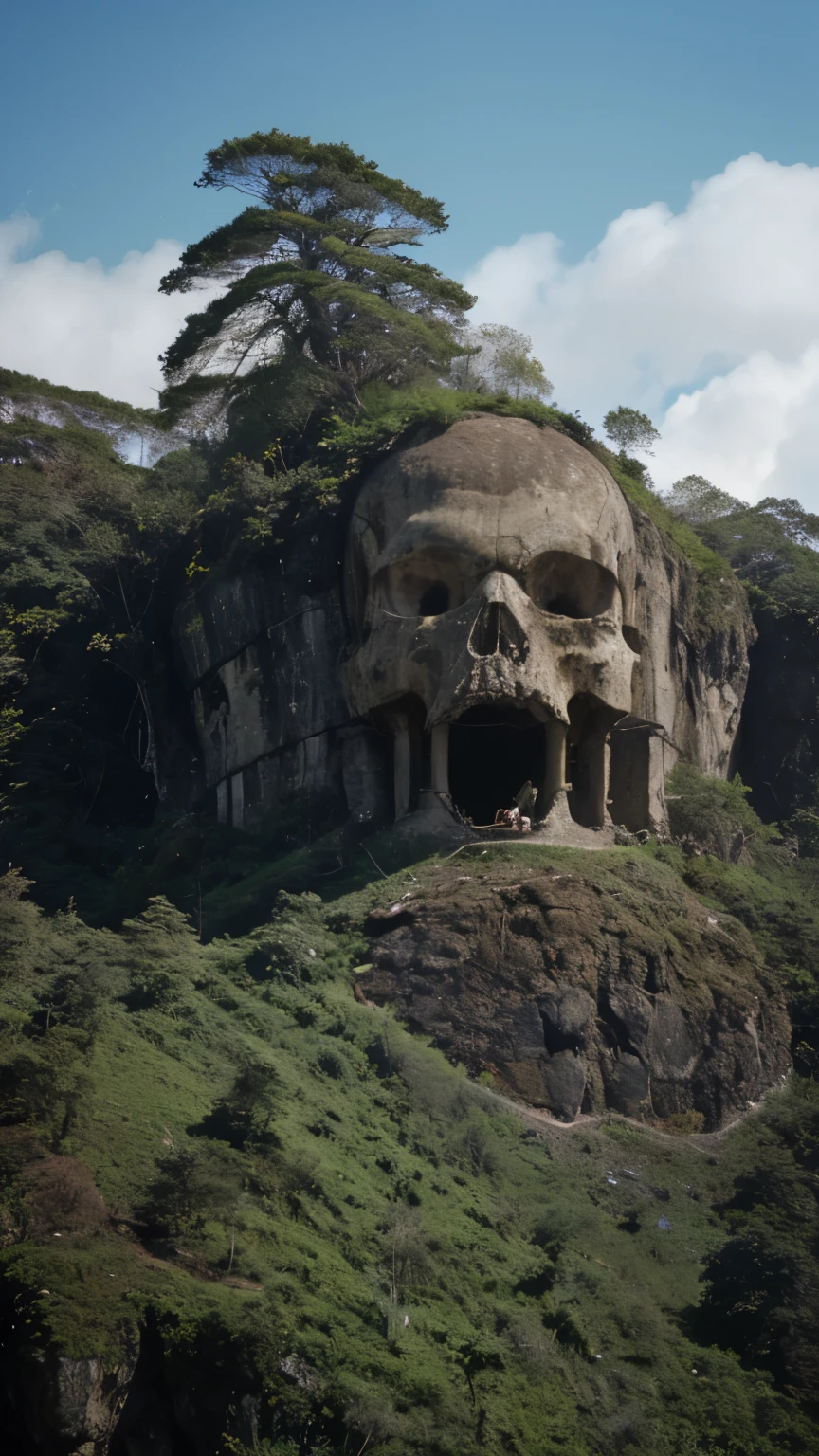 um penhasco gigante, There are a lot of trees on this cliff, no penhasco tem uma caveira grande com musgo de perfil mesclada com o penhasco em forma de rocha e com a boca aberta, water is coming out of the skull's mouth like a waterfall, imagem no estilo Indiana jones
