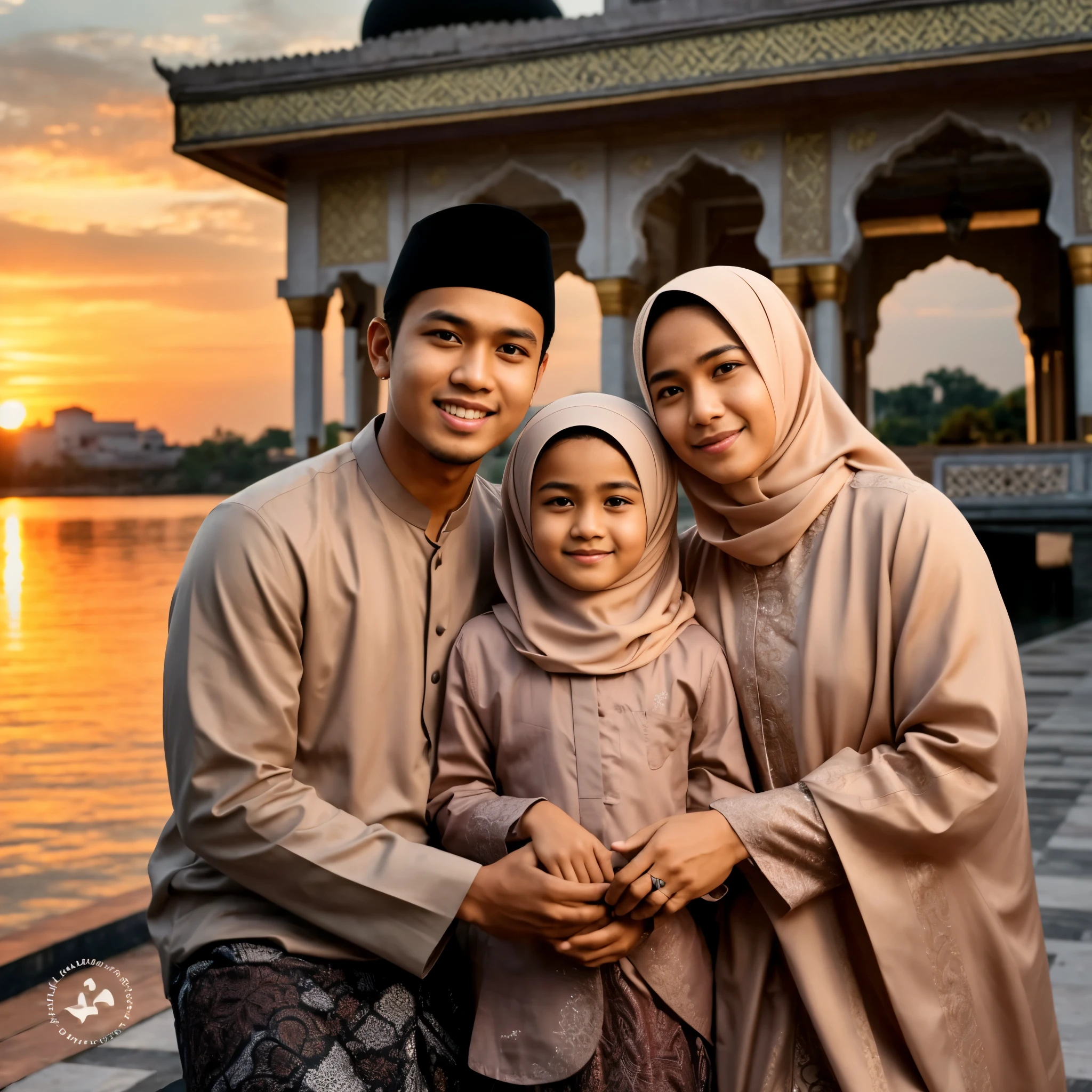 a young Indonesian man, handsome face, short hair wearing Muslim clothes, complicated motifs, with a black cap on his head, lips pressed together in a smile, standing with his wife and 7  daughter wearing a hijab, in front of a magnificent mosque, their hands are in a namaste position, with a beautiful natural view. very beautiful, faces look clear and real, facing the camera, sunset