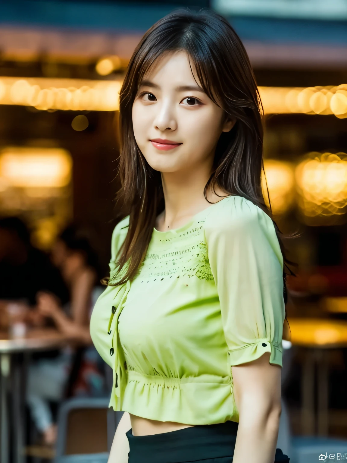 1 girl, (wearing a green blouse:1.2), black short skirt, Beautiful Japanese actress, (RAW photo, highest quality), (realistic, Photoreal:1.4), masterpiece, very delicate and beautiful, very detailed, 2K wallpaper, wonderful, finely, very detailed CG Unity 8k wallpaper, Super detailed, High resolution, soft light, beautiful detailed girl, very detailed目と顔, beautifully detailed nose, beautiful and detailed eyes, Long wave hair, cinematic lighting, break, (Against the backdrop of a outside the cafe terrace 1.3), city lights, perfect anatomy, slender body, smile, Face the front completely, (waist shot), (emphasize big breasts), (Random body direction),