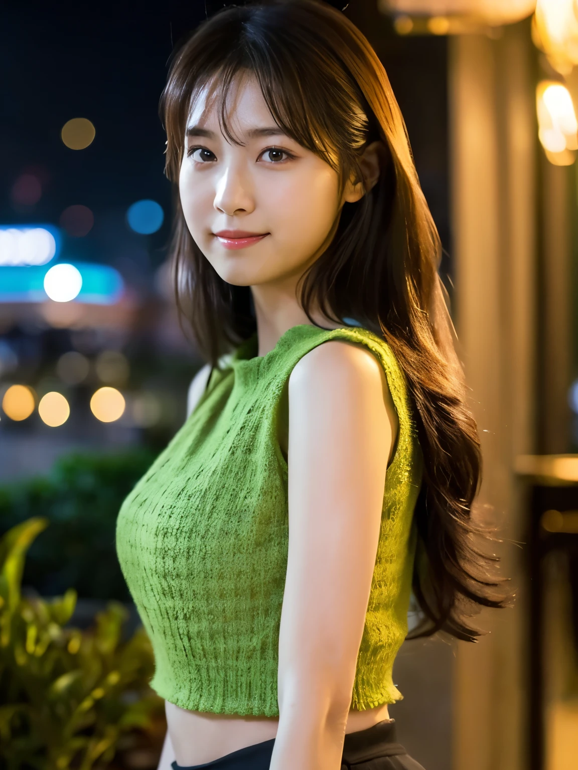 1 girl, (wearing a green blouse:1.2), black short skirt, Beautiful Japanese actress, (RAW photo, highest quality), (realistic, Photoreal:1.4), masterpiece, very delicate and beautiful, very detailed, 2K wallpaper, wonderful, finely, very detailed CG Unity 8k wallpaper, Super detailed, High resolution, soft light, beautiful detailed girl, very detailed目と顔, beautifully detailed nose, beautiful and detailed eyes, Long wave hair, cinematic lighting, break, (Against the backdrop of a outside the cafe terrace 1.3), city lights, perfect anatomy, slender body, smile, Face the front completely, (waist shot), (emphasize big breasts), (Random body direction),