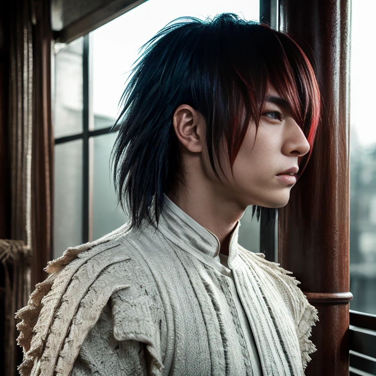 1 man, Japanese man, male, Asian eyes, muscular, broad shoulders, dragon,hairstyle Visual Kei style, hair Visual Kei, outfit H.R. Giger white, ultra detailed face, hyperrealistic, realistic representation, 30 years old, ,age 30 years