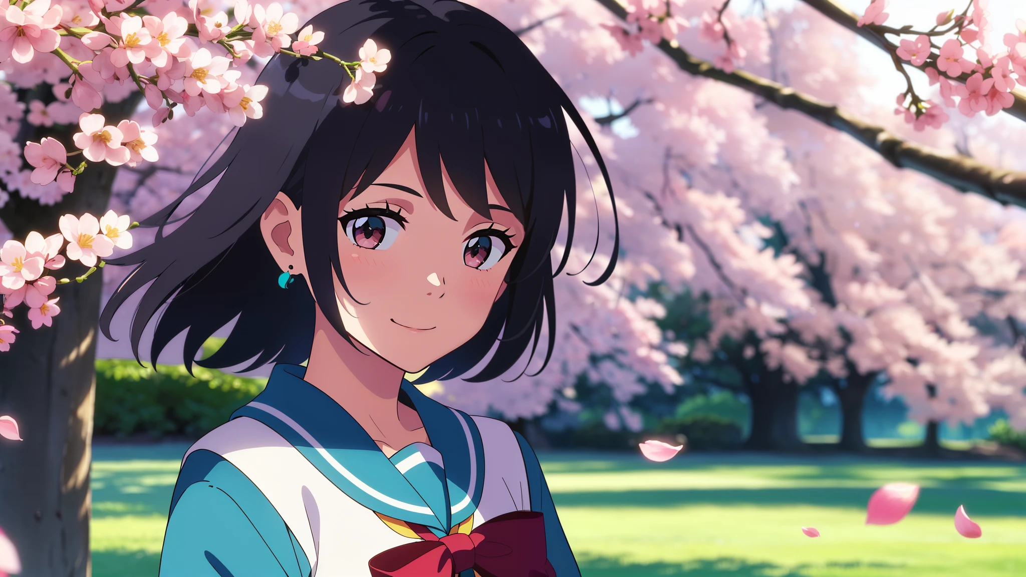 shinkai makoto, kimi no na wa., 1girl, bangs, black hair, blush, brown eyes, shiny skin, red headband, red bow, red ribbon, turquoise sailor collar, turquoise sailor color, turquoise skirt, short hair, smile, cute, solo, happy, beautiful, looking at the viewer, short sleeves, earrings, cherry_blossoms, falling_petals, petals, branch, pink_flower, blue_sky, sunlight, spring_season, wind, tree, upper body
