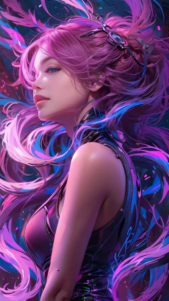 A portrait of beautifully stunning woman, fair skin, pink hair, surrounded by a swirling nanodusty plasma in electric blue and vibrant purple, vibrant colors, digital painting, trending in Artstation, cinematic lighting, and dynamic composition.A portrait of beautifully stunning woman, fair skin, purple hair, surrounded by a swirling nanodusty plasma in electric blue and vibrant purple, vibrant colors, digital painting, trending in Artstation, cinematic lighting, and dynamic composition.,perfect composition. 