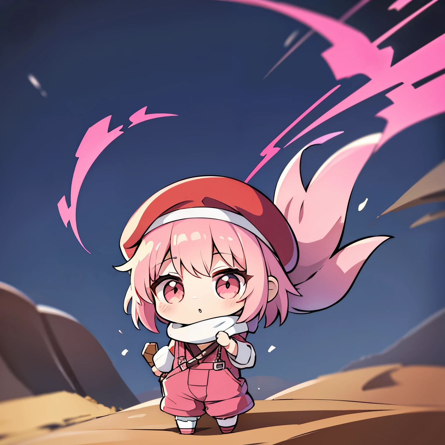 best quality, super fine, 16k, incredibly absurdres, extremely detailed, cute chibi girl warrior, short brown hair, big round eyes, wearing big hot-pink beret, hot-pink baggy coveralls, hot-pink scarf around the neck, wilderness, fantasy game character, wind, wind-effect, motion-blur, action-lines, speed-lines