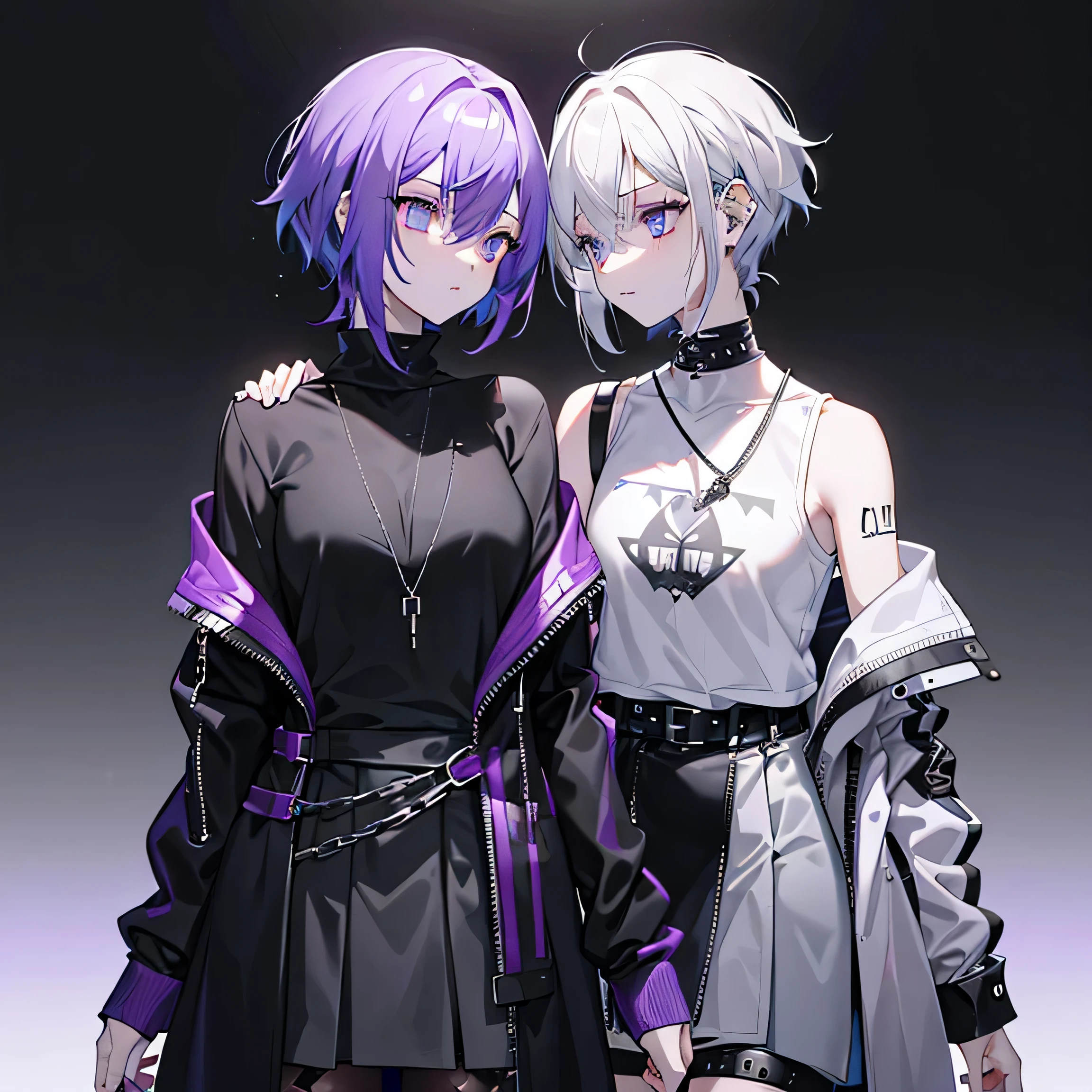 a female；High school, etc；Skin is cool and gray；The hair is purple；The eyes are blue；Wearing a black top；Gray long skirt；Gothic；wasteland；punk