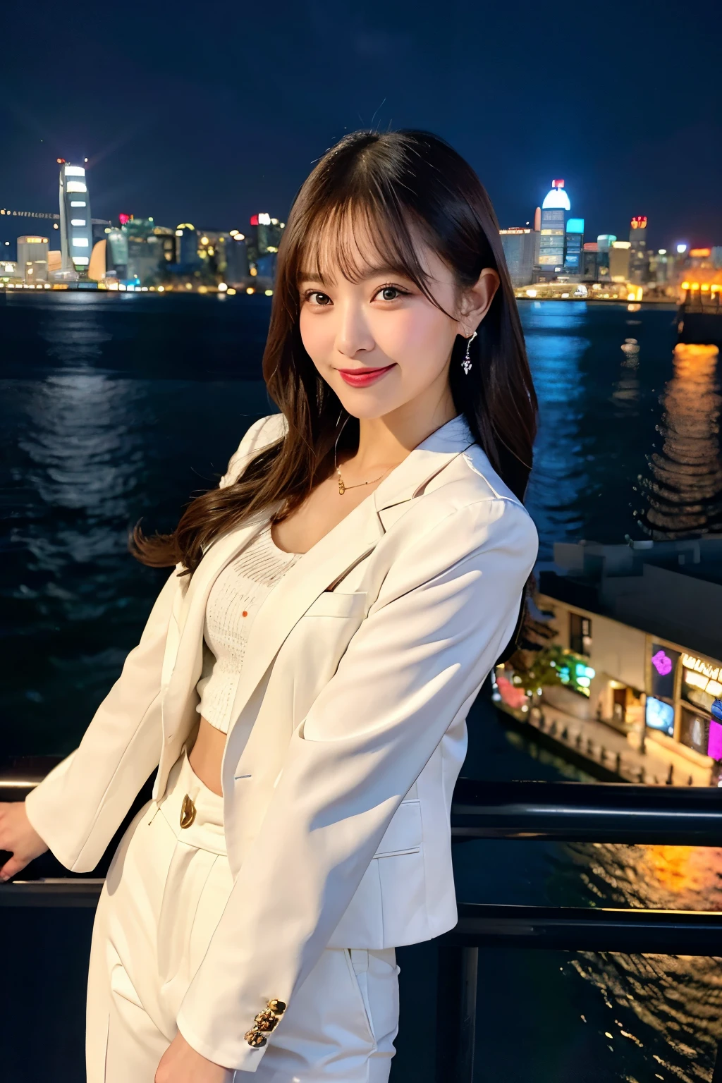 raw photo),(best quality), (photorealistic),(simple white background:1.2), ,,a girl, upper body, high detail face, smile, High-waisted pants paired with a silk blouse and structured blazer, create a polished and powerful look, a scene of Victoria Harbour in Hong Kong at night,sparkling reflections dancing on the water,glittering skyscrapers along both sides of the harbor,twinkling lights dotting the city skyline,colorful laser beams shooting across the sky,(best quality,4k,8k,highres,masterpiece:1.2),ultra-detailed,realistic:1.37) soft shadows and highlights,impressive depth of field and sharp focus,HDR,UHD,studio lighting,physically-based rendering,vivid colors,lively atmosphere,bokeh information
