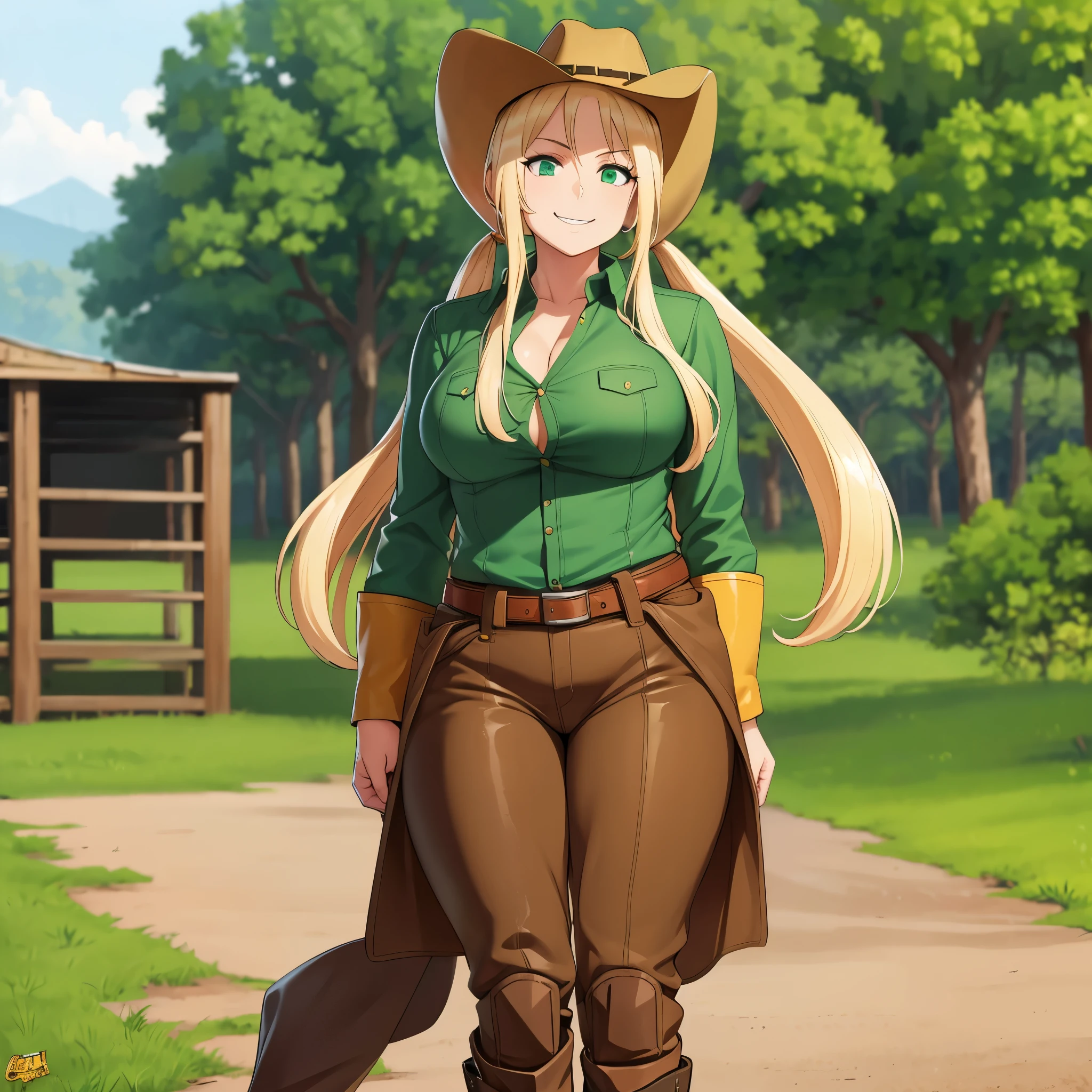 a woman with long blonde hair, pigtails, green eyes, cowboy hat, wearing a female cowboy costume, cowboy boots on a farm, well detailed, smiling, big breasts, trees in the background,HDR, ultra resolution, well defined, masterpiece, 8K HD. (solo woman)
