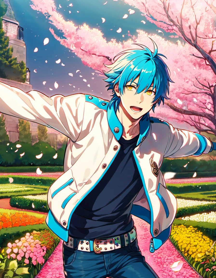 absurdres, highres, ultra detailed, HDR, masterpiece, Seragaki Aoba, blue hair, expressive golden eyes, Dramatical Murder, 1man, handsome, petals, garden, white and blue Brain Nuts jacket, underneath is a navy long-sleeve shirt, blue jeans and a blue studded belt