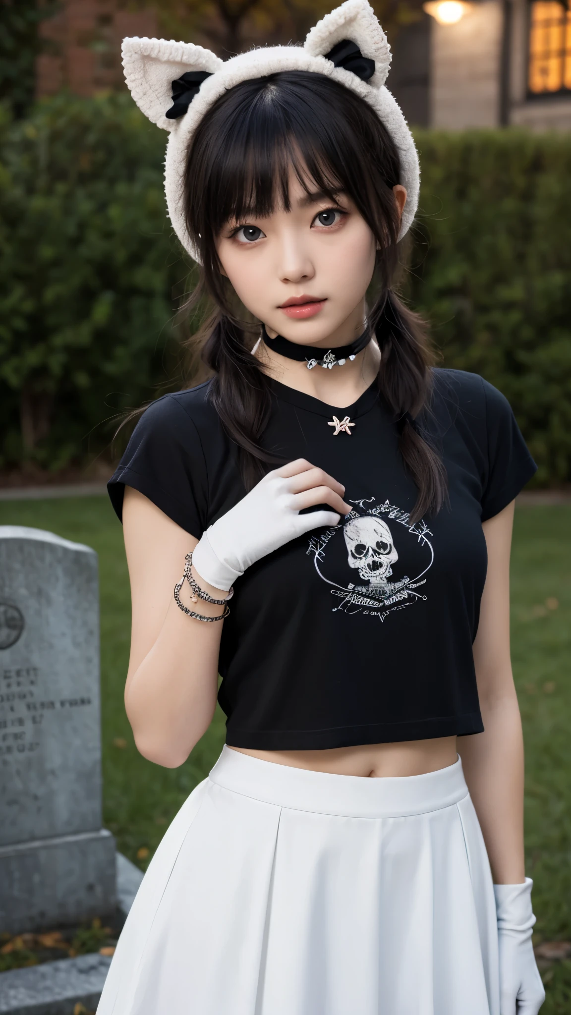 (Ultra-detailed eyes), (((textile shading))), (((Best Quality))), (((masterpiece))), (((Ultra realistic))), fat, sassy girl, Halloween girl, black pigtail hair with bangs, unusual hairstyle, Emo Pin up Girl, crop top, long skirt, bows for skirt, bows for hair, kitty hat, chins fot kitty hat, t-shirt sticker, gloves, chocker, suplex arm bracelets, black and white outfit, Striking a pose, natural make up, in a grave, spooky, midshot, centered image, good girl, innocent girl, at night, led lighting 