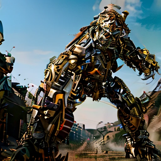 Masterpiece, realistic, 4K, HD, highly detailed, image of a Tiger robot that stands 20 feet tall, aggressive, vicious, made of the most expensive, hardest metal in the universe, Transformer like, integrate the coloring of the tiger into the metal of the robot