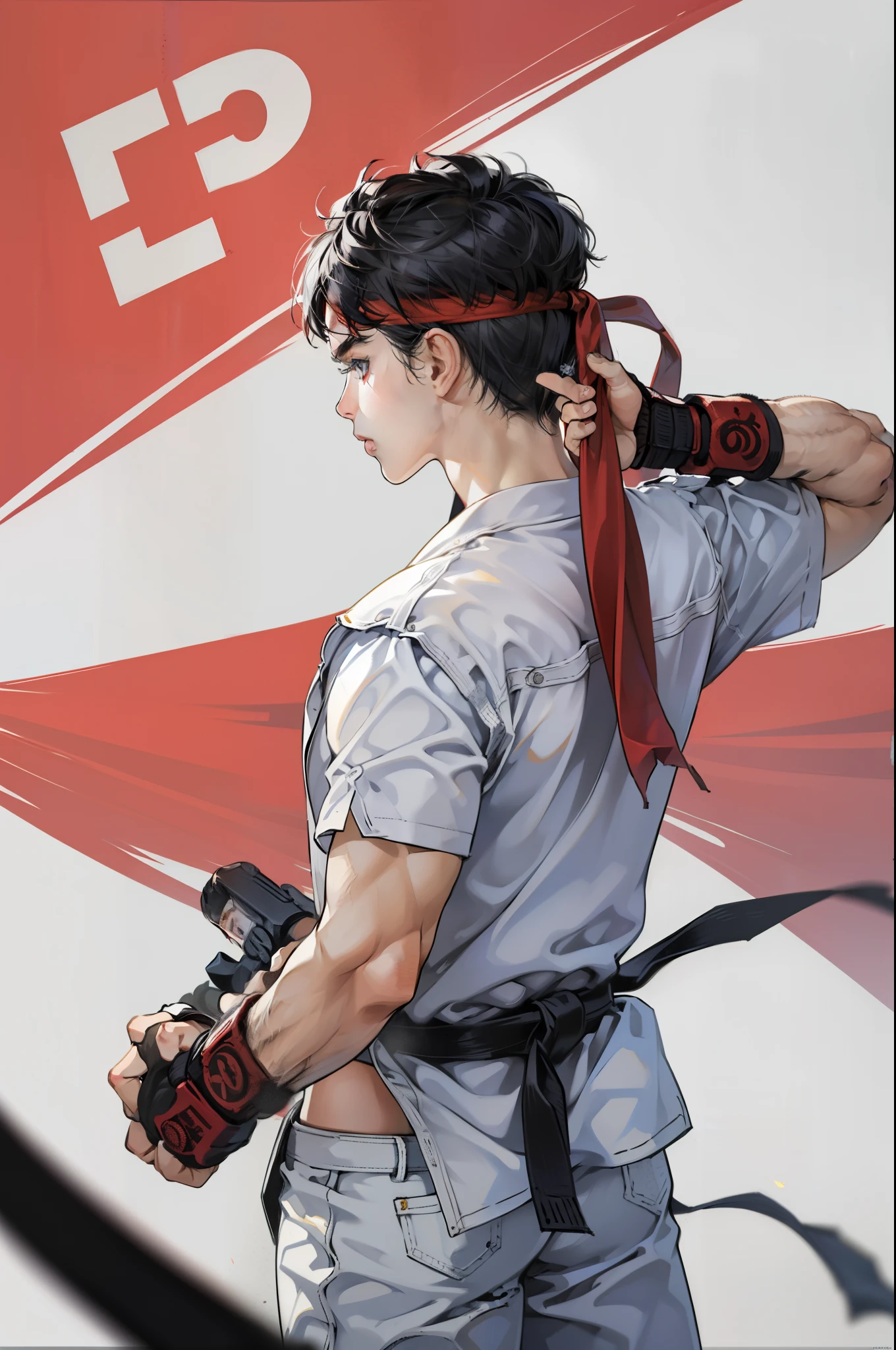 (from behind), (masterpiece, best quality:1.2), expressive eyes, perfect face, highres, 1girl, solo, female version of  Ryu \(sf\), (female:1.5), black hair, long hair, dougi, fingerless gloves, headband, no pants, standing, cowboy shot, looking at the viewer