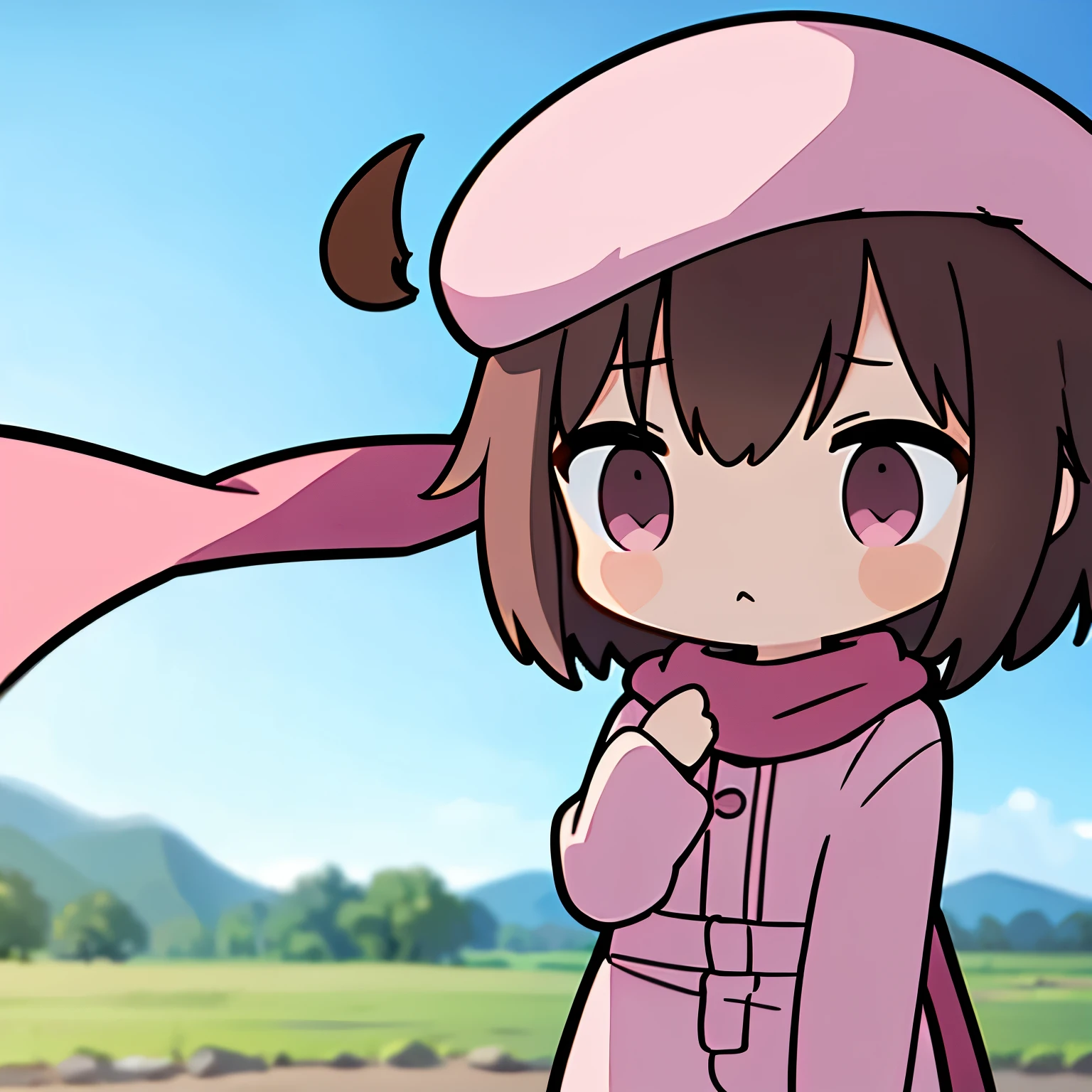 best quality, super fine, 16k, incredibly absurdres, extremely detailed, cute chibi girl warrior, short brown hair, big round eyes, wearing big hot-pink beret, hot-pink baggy coveralls, hot-pink scarf around the neck, wilderness, fantasy game character, wind, wind-effect, motion-blur, action-lines, speed-lines