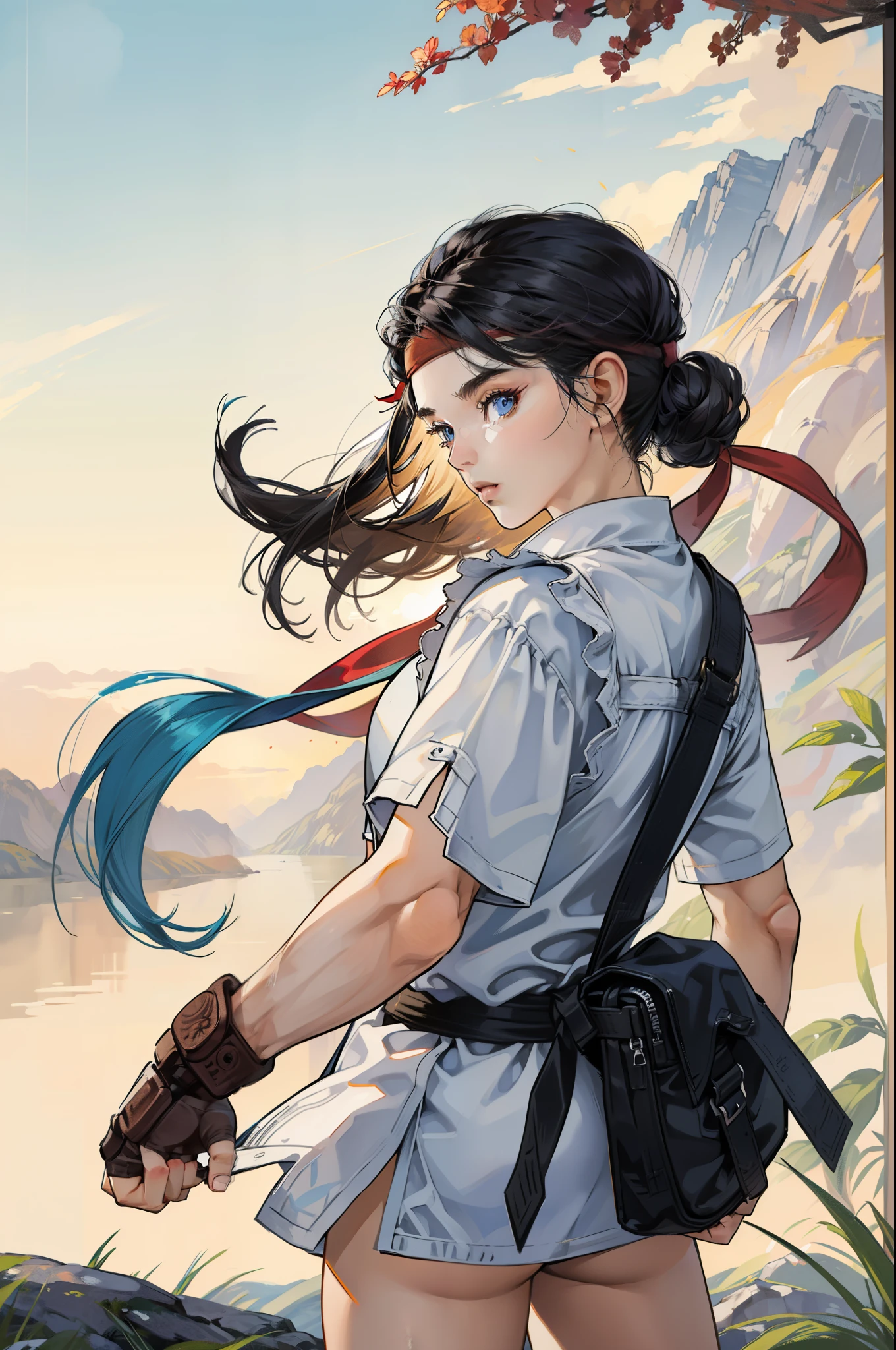 (from behind), (masterpiece, best quality:1.2), expressive eyes, perfect face, highres, 1girl, solo, female version of  Ryu \(sf\), (female:1.5), black hair, long hair, dougi, fingerless gloves, headband, no pants, standing, cowboy shot, looking at the viewer