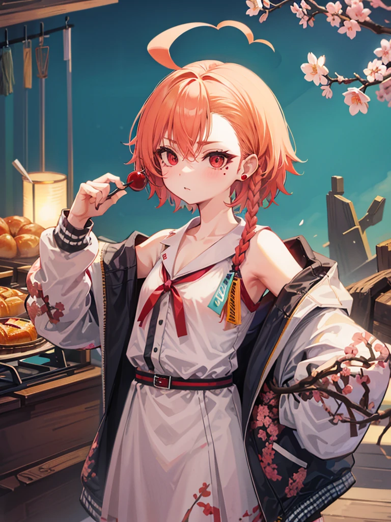 campしている***、two tone hairstyle、(Bruaka)flannel、mole、red eyes、ear piercing、ingredients、cooking、spring、camp、Cherry Blossom、nature、camp飯、sunny、frying pan、toast、wood