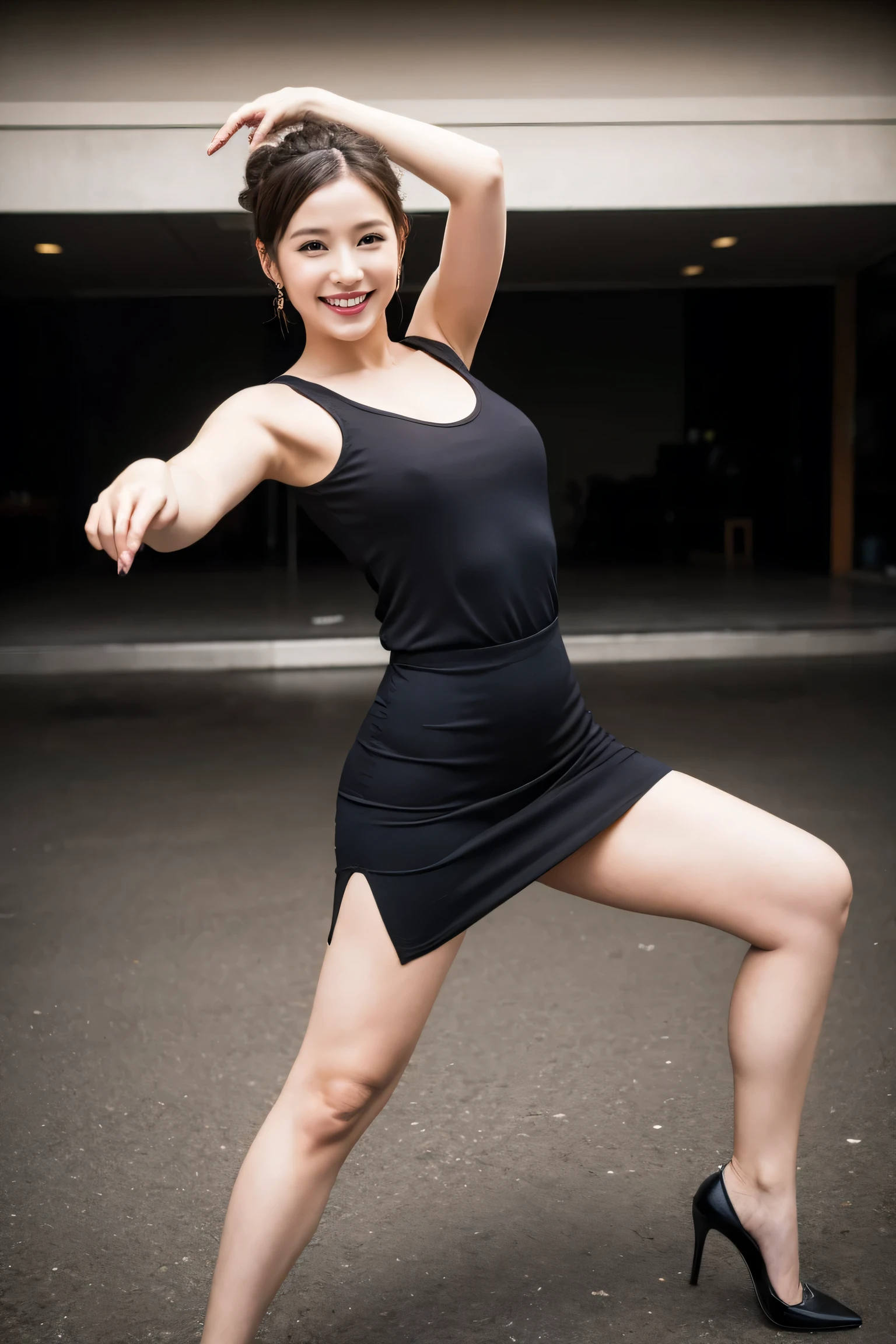 best quality, muste piece, photorealistic, high resolution, 8k　Raw photo,solo, 1girl, 30 years old、Dancing Jazz Dance、smile、sexy pose、business skirt、legs spread wide、high heels