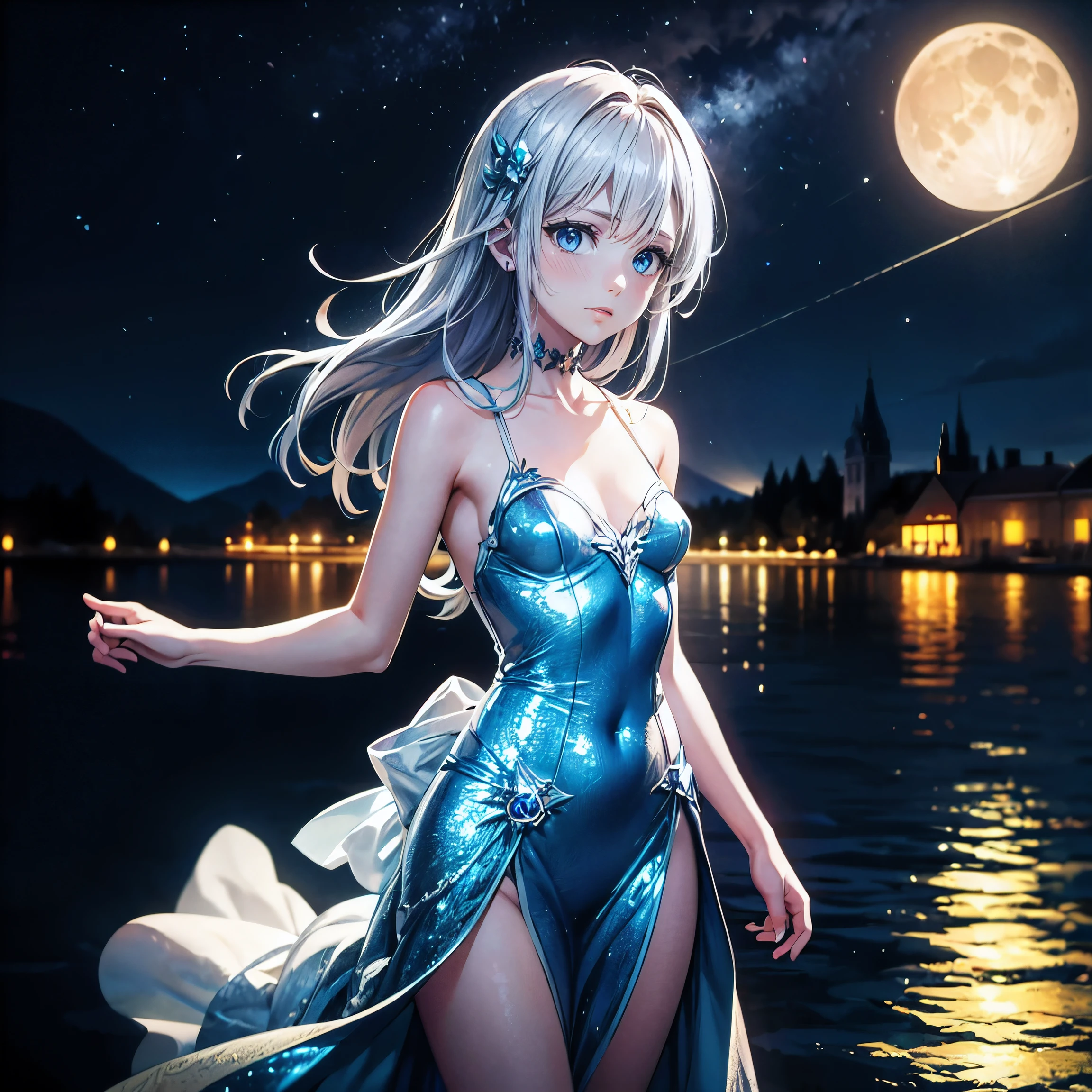 (masterpiece,best quality,ultra-detailed), CG, award winning, ccurate, UHD, textured skin, chromatic aberration, perfect anatomy, Fujicolor, fantasy, ung nymph standing in the center of the lake at night, fantastical starry sky, small breasts, short body, silver long hair, innocent blue eyes, wearing graceful azure dress, resting, light particles, moon light, illusory scene