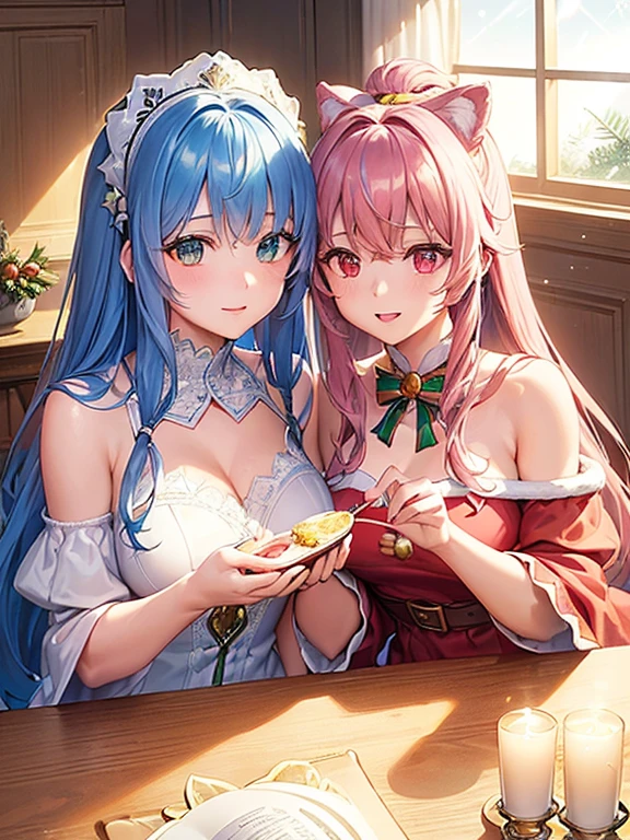 (2 girls included,8kdetailed;1.5,8kSolution;1.5), ((Christmas:1.2,sacred costume:1.2)){{{Sparkling eyes:1.5, heart-shaped eyes:1.5,glasses:1.5}}}),((Half blue、half pink hair,shiny hair,shining hair)), (heterochromia), (light focus :1.2, Warm light gradient:1.2,Bright light gradient , Lens flare:1.3, fluffy, about, dream-like), ((table top, top quality, beautiful and aesthetic)), {{{best lighting, very delicate and beautiful,cinematic light}}}, (delicate details,hyper detail, intricate details)