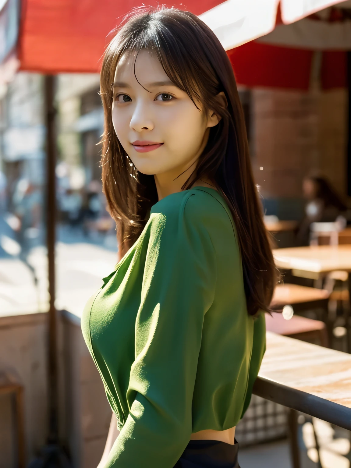 1 girl, (wearing a green blouse:1.2), black short skirt, beautiful japanese actress, (RAW photo, highest quality), (realistic, Photoreal:1.4), masterpiece, very delicate and beautiful, very detailed, 2K wallpaper, wonderful, finely, very detailed CG Unity 8k wallpaper, Super detailed, High resolution, soft light, beautiful detailed girl, very detailed目と顔, beautifully detailed nose, beautiful and detailed eyes, Long hair, cinematic lighting, break, (Against the backdrop of a outside the cafe terrace 1.3), city lights, perfect anatomy, slender body, smile, Face the front completely, (waist shot), (emphasize big breasts), (Random body direction),