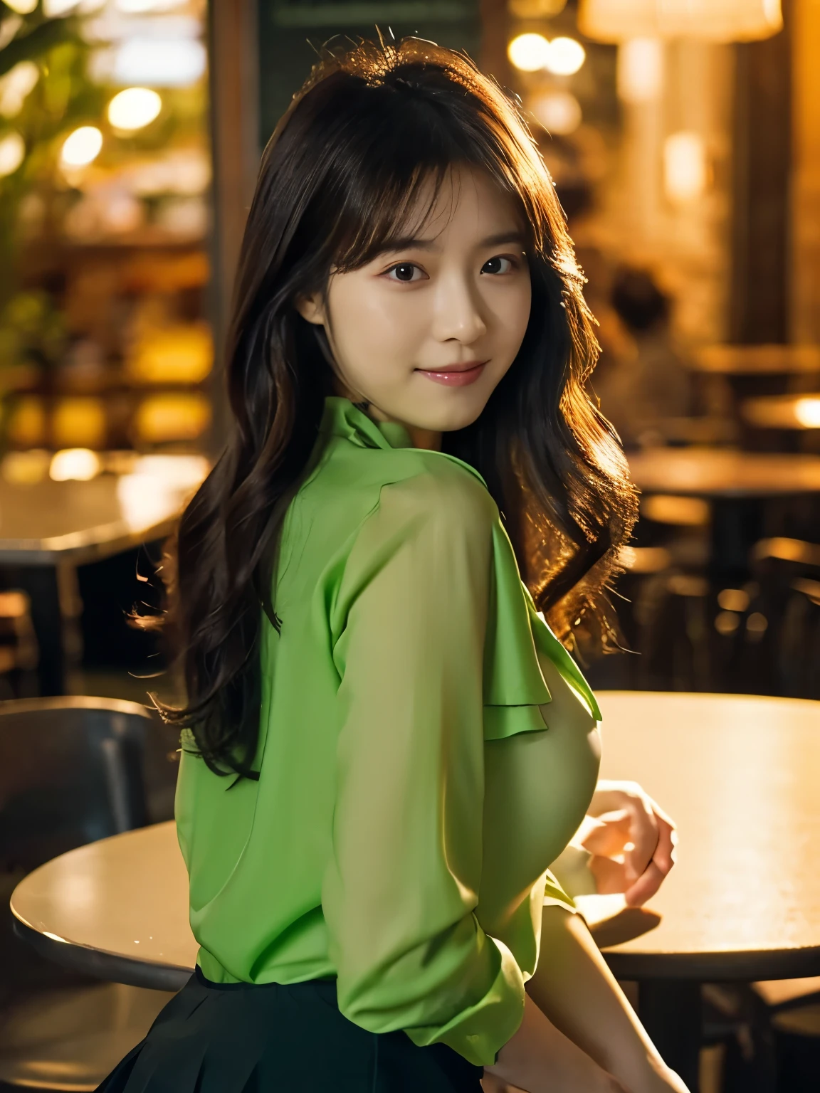 1 girl, (wearing a green blouse:1.2), black short skirt, beautiful japanese actress, (RAW photo, highest quality), (realistic, Photoreal:1.4), masterpiece, very delicate and beautiful, very detailed, 2K wallpaper, wonderful, finely, very detailed CG Unity 8k wallpaper, Super detailed, High resolution, soft light, beautiful detailed girl, very detailed目と顔, beautifully detailed nose, beautiful and detailed eyes, Long hair, cinematic lighting, break, (Against the backdrop of a outside the cafe terrace 1.3), city lights, perfect anatomy, slender body, smile, Face the front completely, (waist shot), (emphasize big breasts), (Random body direction),