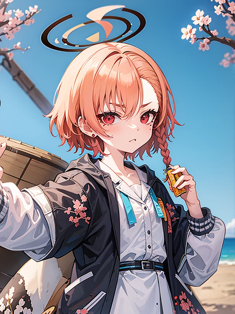 campしている女の子、two tone hairstyle、(Bruaka)flannel、mole、red eyes、ear piercing、ingredients、cooking、spring、camp、Cherry Blossom、nature、camp飯、sunny、frying pan、toast、wood