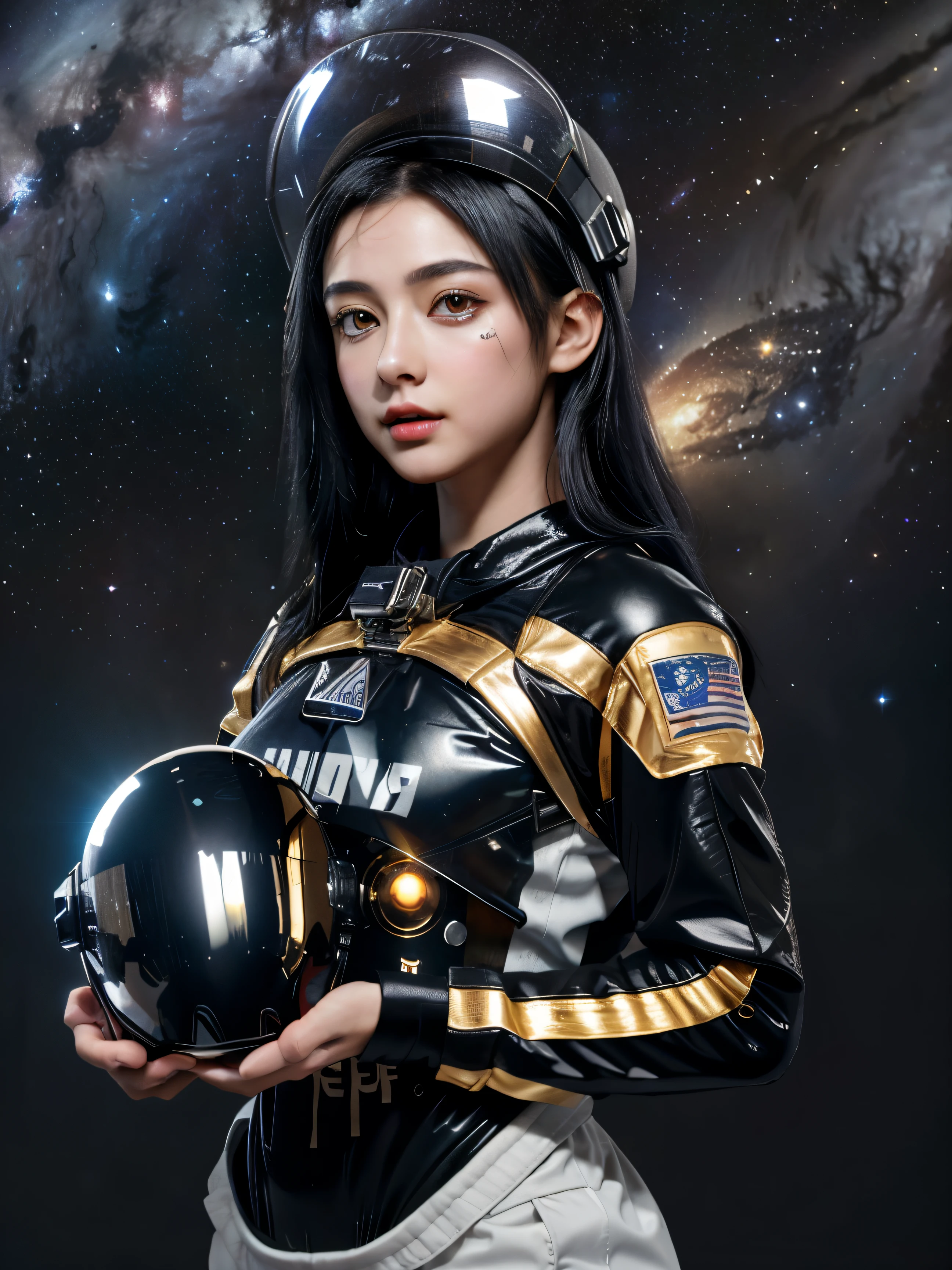 (8k), (highest quality), (best details）space base、Milky Way、jet black hair、Shining golden eyes、tattoo、There&#39;s a cute French girl、Black Space Suit、unlimited、white skin、die、Holding a helmet with both hands