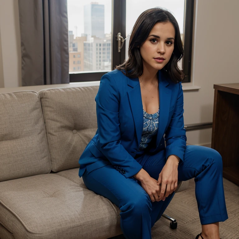 Melissa Fumero dressed in a blue blazer and dress pants