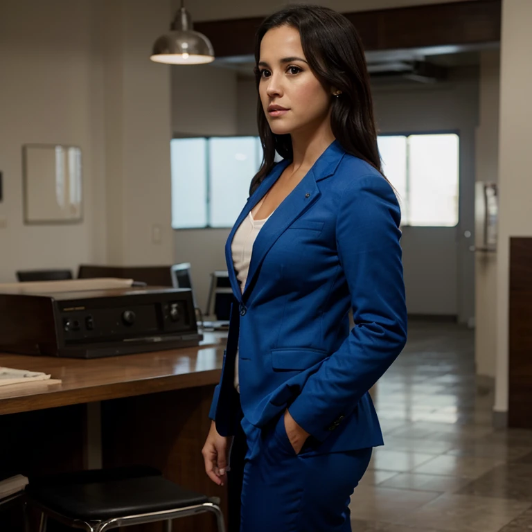 Melissa Fumero dressed in a blue blazer and dress pants