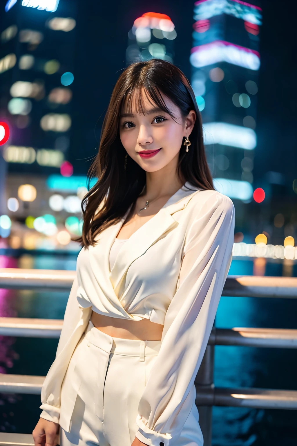 raw photo),(best quality), (photorealistic),(simple white background:1.2), ,,a girl, upper body, high detail face, smile, High-waisted pants paired with a silk blouse and structured blazer, create a polished and powerful look, a scene of Victoria Harbour in Hong Kong at night,sparkling reflections dancing on the water,glittering skyscrapers along both sides of the harbor,twinkling lights dotting the city skyline,colorful laser beams shooting across the sky,(best quality,4k,8k,highres,masterpiece:1.2),ultra-detailed,realistic:1.37) soft shadows and highlights,impressive depth of field and sharp focus,HDR,UHD,studio lighting,physically-based rendering,vivid colors,lively atmosphere,bokeh information