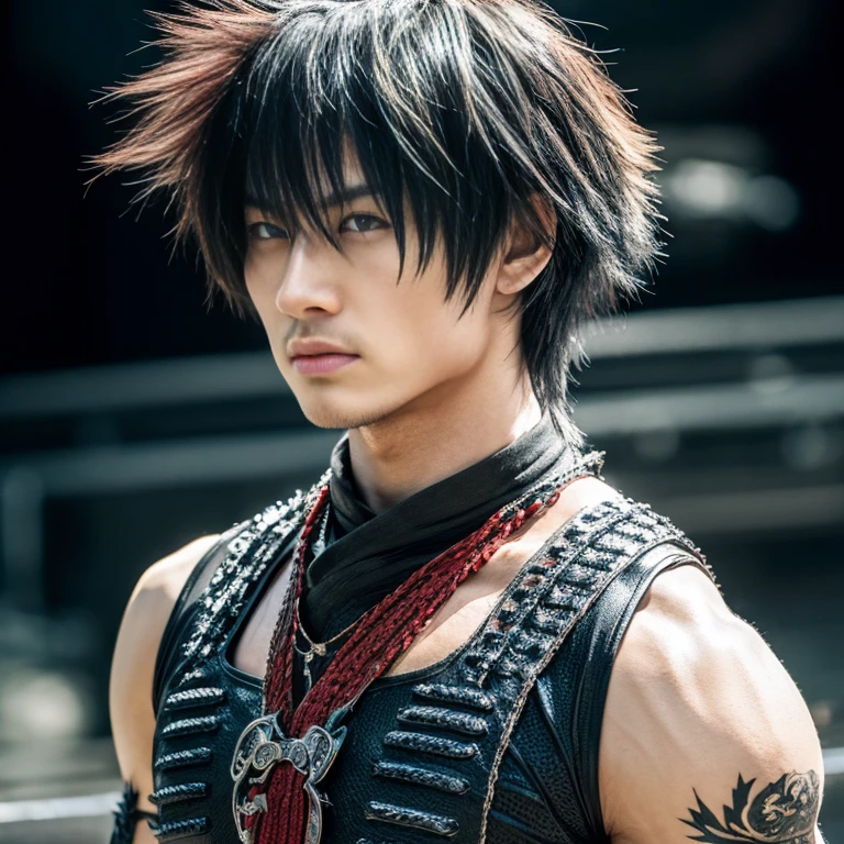 1 man, Japanese man, male, Asian eyes, muscular, broad shoulders, dragon,hairstyle Visual Kei style, hair Visual Kei, outfit H.R. Giger white, ultra detailed face, hyperrealistic, realistic representation, 30 years old, ,age 30 years