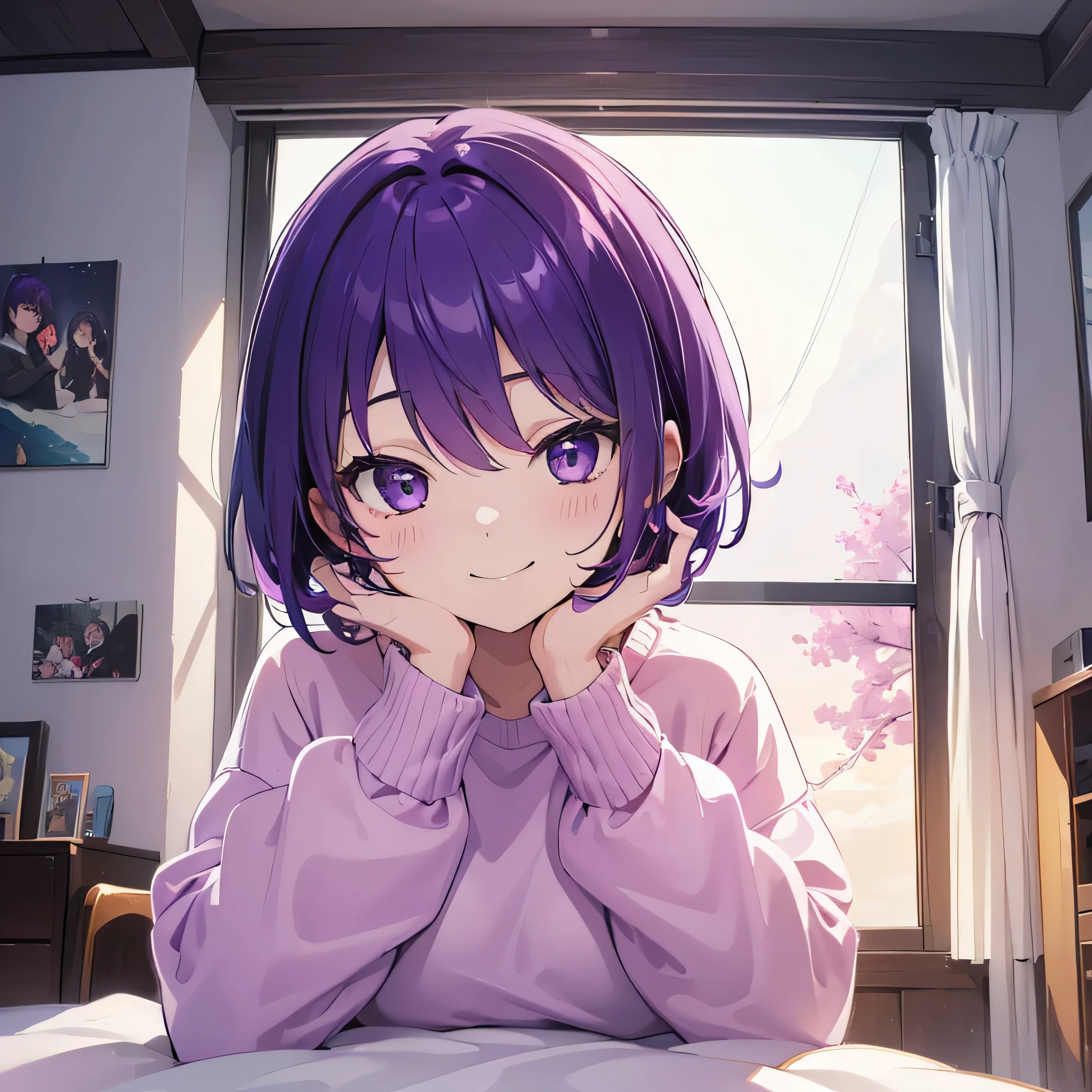 (T Masterpiece,4k wallpaper,best quality))、((girl1people))、(solo)、Shining and vivid,(purple hair)、(shortcut:1.3)、smile、Bedroom、sweater、morning