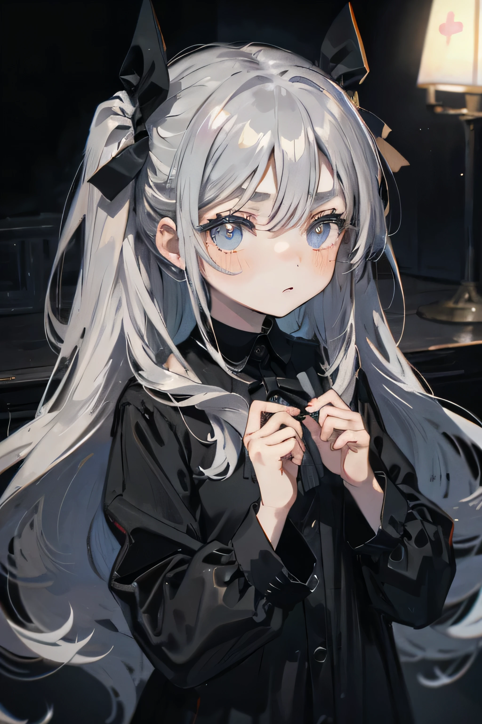 best quality, masterpiece,ultra high res,detailed, one girl,short body,black pajamas,black big ribbon,thinking,frizzy hair,twin tail,long hair,silver hair,thin eyebrows,pale blue eyes,double eyelid,black pupil,round face,oasis
