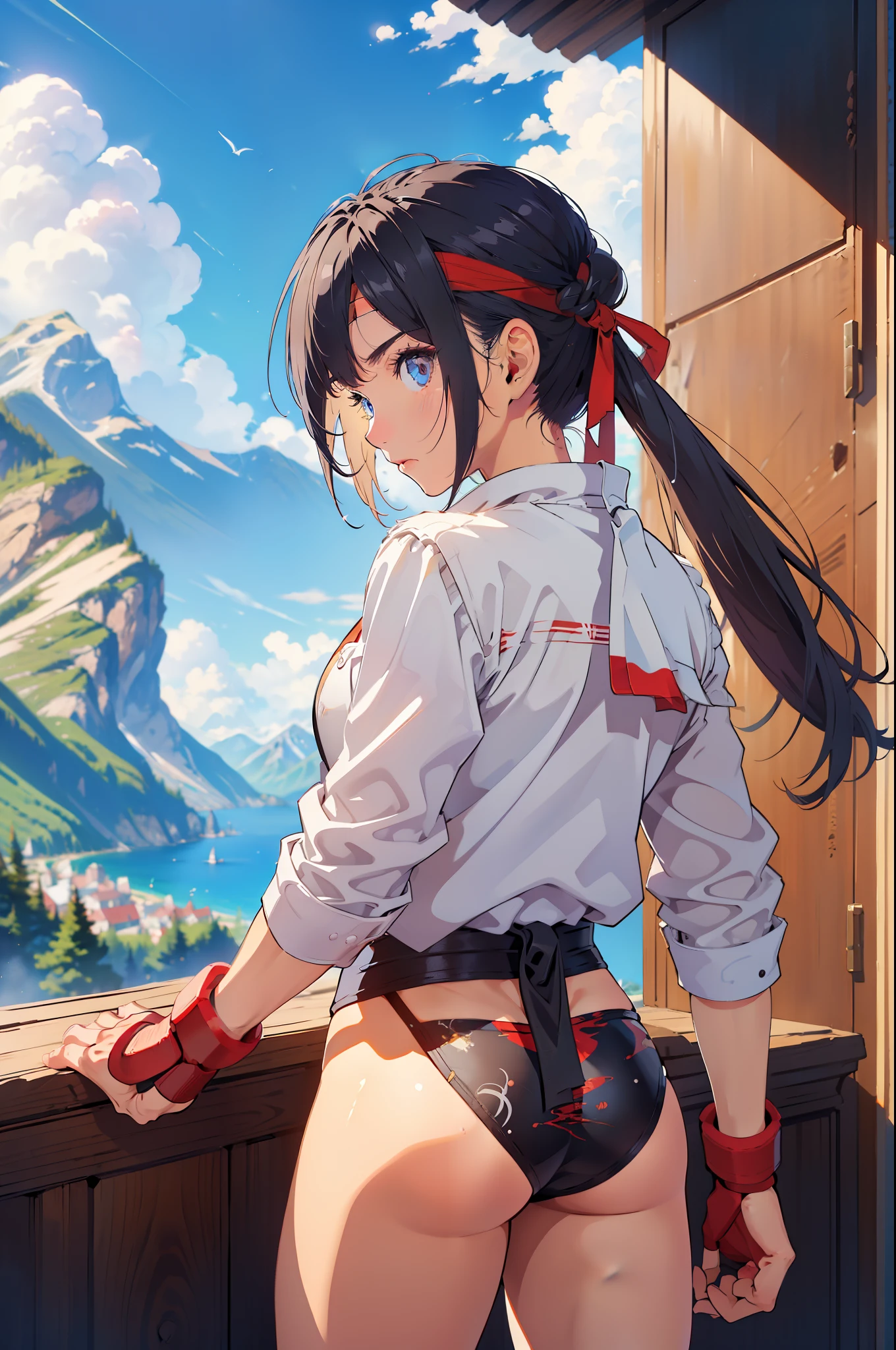 (from behind), (masterpiece, best quality:1.2), expressive eyes, perfect face, highres, 1girl, solo, female version of  Ryu \(sf\), (female:1.5), black hair, long hair, dougi, fingerless gloves, headband, no pants, standing, cowboy shot, looking at the viewer