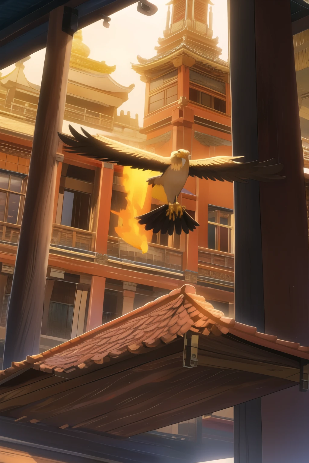 Next to the ancient palace，Wooden mechanical eagle，fly