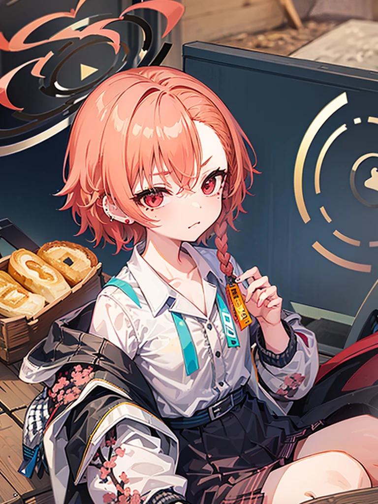 campしている***、two tone hairstyle、(Bruaka)flannel、mole、red eyes、ear piercing、ingredients、cooking、spring、camp、Cherry Blossom、nature、camp飯、sunny、frying pan、toast、wood