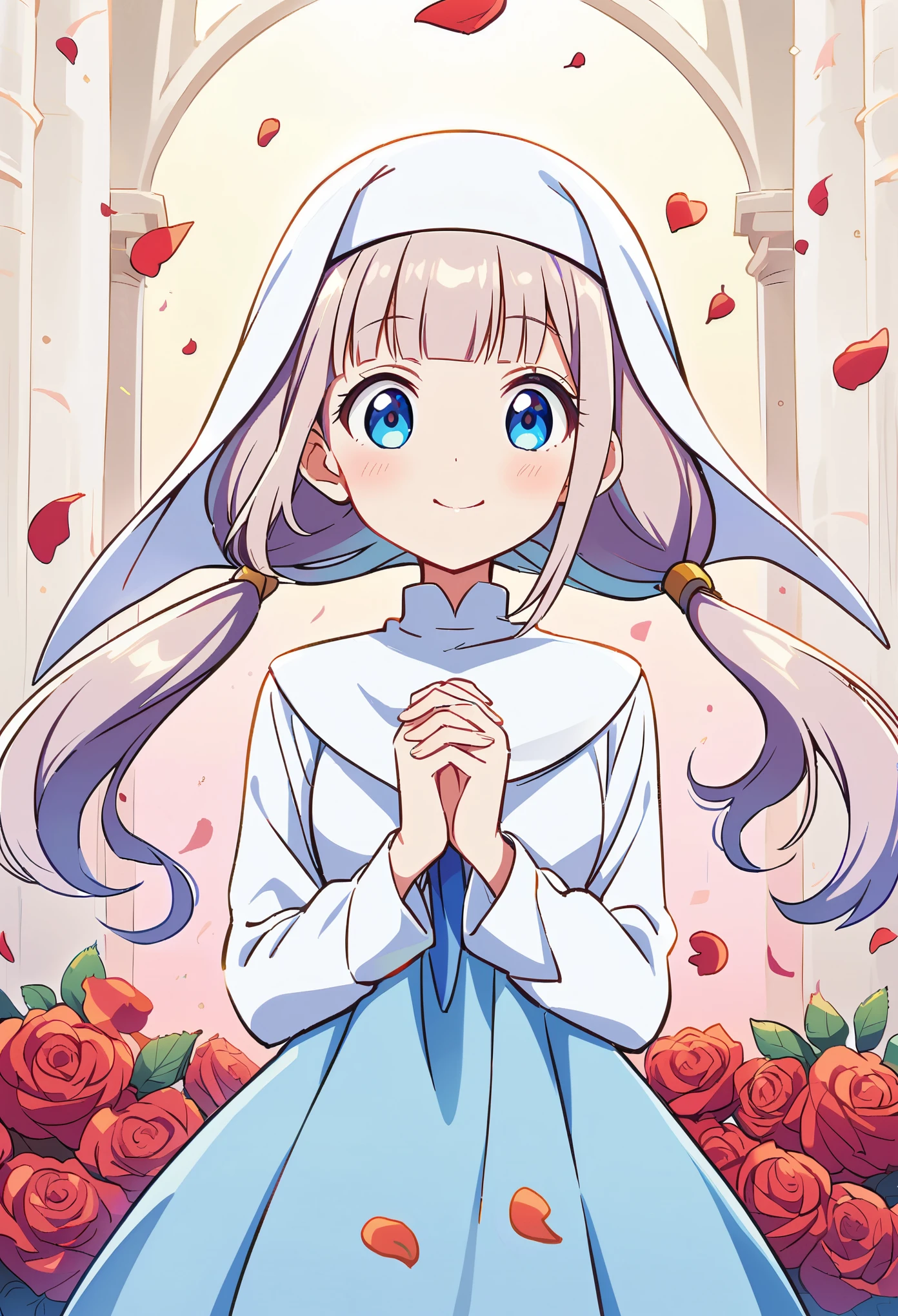 A cute anime nun, with long hair with bangs and twintails holding hands together, in front of white stone arches with rose petals falling from the sky, in the style of anime, with a cute face.