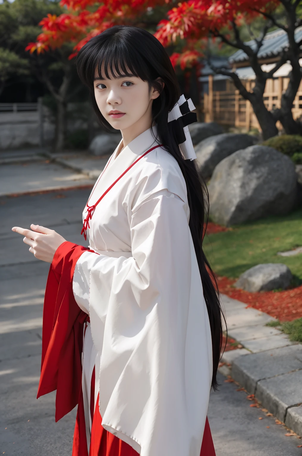 1 woman, Kikyo, thin, sidelocks, blunt_tress, Red_also, miko dress,  elegant,traditional japanese clothes, , looking for_~to_viewer, inexpressive, High_body,