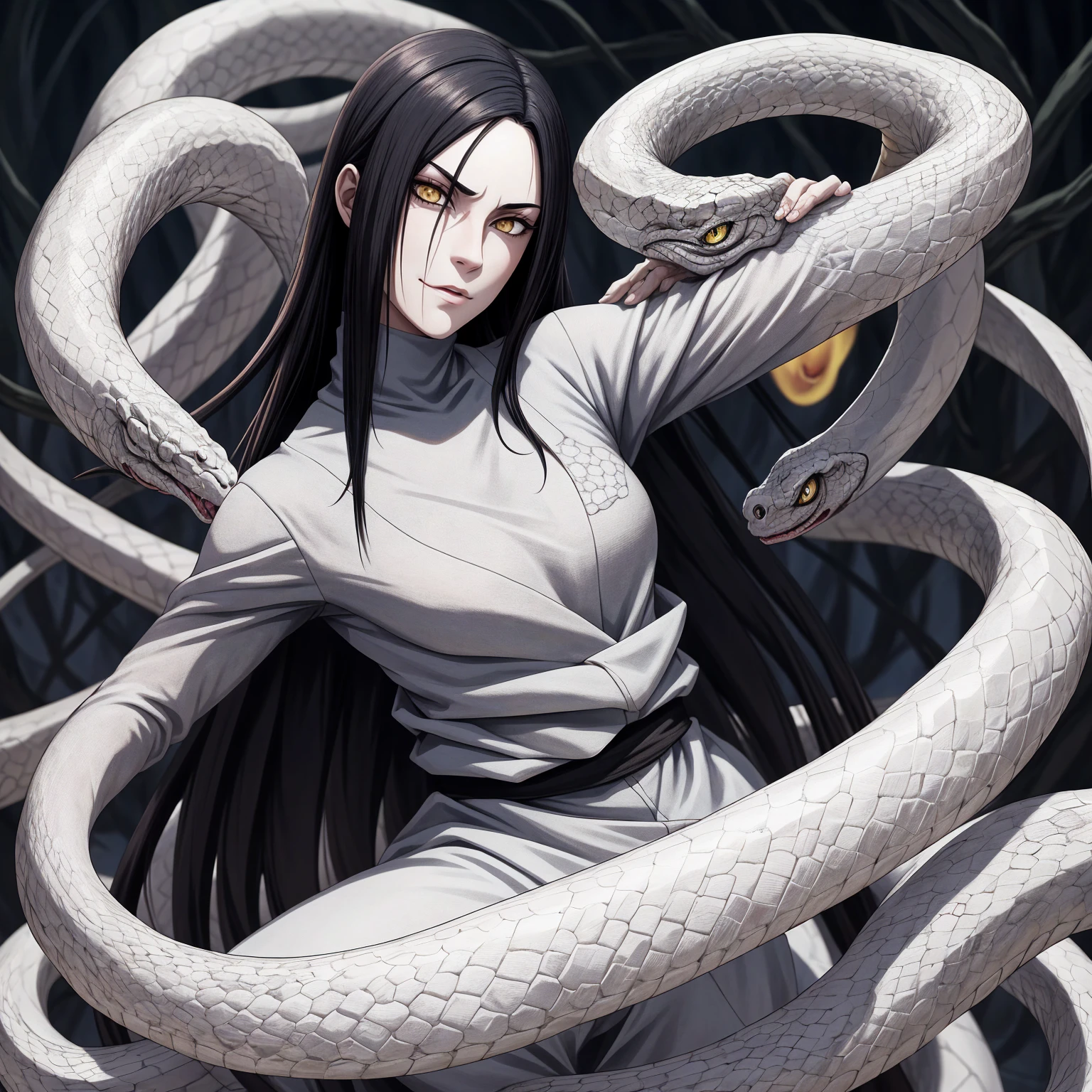 {-erro_de_anatomia:1.0} estilo anime, Masterpiece, absurdities, Orochimaru\(Naruto\), 1girl Solo, Mature woman, Oversized shirt with broad shoulders, Perfect composition, Detailed lips, large breasts, Beautiful face, body proportion, Blush, Long black hair, ( black hair), yellow eyes, Soft gauze, Super realistic, Detailed, photo shoot, Realistic faces and bodies, masterpiece, best quality, best ( white snake) illustration, hyper detailed, 1 girl, solo, glamorous, blushing, whole body, 