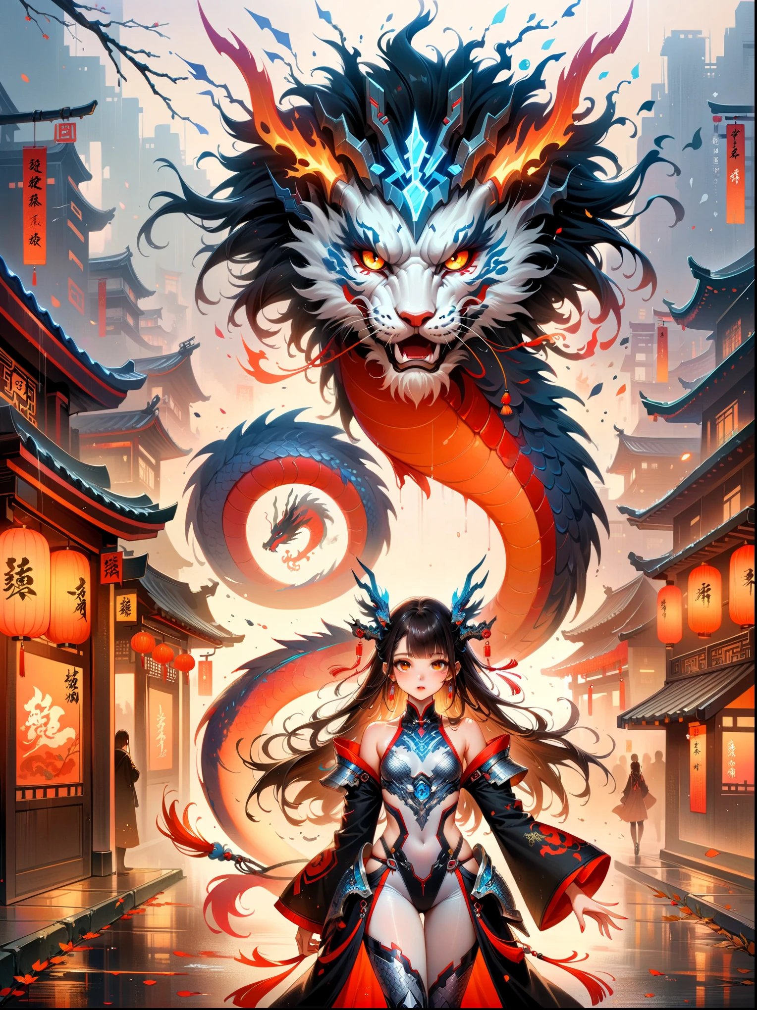 Works of Chinese style masters,(best quality, 4K, high resolution, masterpiece:1.2),Super detailed,lifelike,shining,Traditional Chinese ink painting, willow branches, Wu Changshuo, ((masterpiece)), best quality, illustration, 1 girl, small breasts, beautiful detailed eyes, beautiful detailed cyberpunk city, flat chest, beautiful detailed hair, wavy hair, beautiful detailed street, mecha clothes, robot girl, cool movement, silver bodysuit, (filigree), dragon wings, colorful background, a dragon stands behind the girl, rainy days, (lightning effect), beautiful detailed silver dragon armor, (cold face),composition,Dazzling colors,Stunning visual effects,otherworldly appearance,Fascinating artistry,eyes on the audience, first-person view, anatomically correct, ccurate, 8k