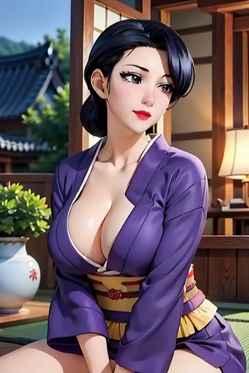 (masterpiece, 最OK质量, unified 8k wallpaper, high resolution), ambient light, 1 milf, alone, (极OK_fair_detailed hair face eyes nose mouth skin, thin and long:1.3), rest
 (night:1.7),  Before opening the window, Sit upright, Sitting on the sofa, purple_kimono,sash, shouji, shrine, Japanese_clothing, Black_hair, hair_OK, lipstick, comics, 30 years old, adult, Huge long saggy breasts, looking at the audience，cleavage，cleavage