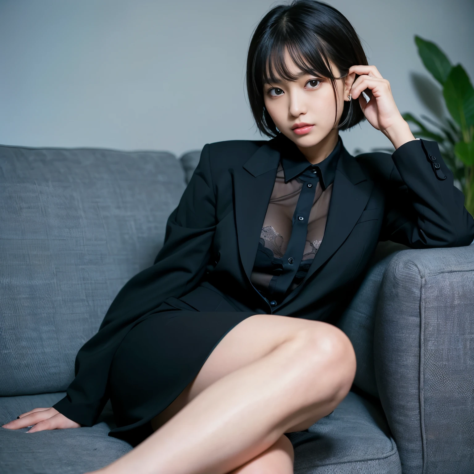 Best-quality, Masterpiece, Ultra-High-Resolution, (Photorealistic:1.4), Raw-Photo, 1girl, the most famous Japanese idol, (wearing black business-suit)), (sitting on sofa, relaxing, looking at viewer), extremely cute face, ((extremely beautiful big-black-eyes)), extremely beautiful black-short-cut-haired, extremely beautiful skins