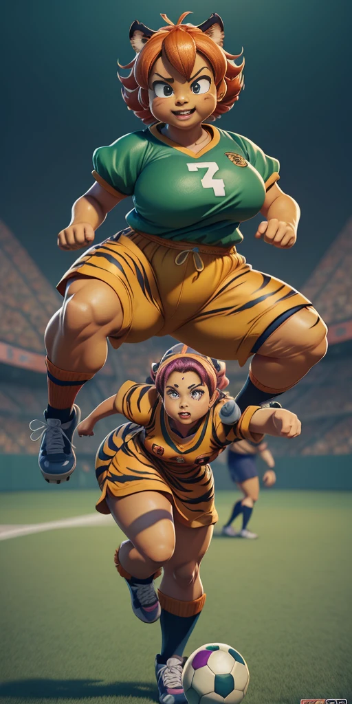1 cute female tiger (big knockers) playing football,Figures,Digital painting,3D character design by Mark Clairen and Pixar and Hayao Miyazaki and Akira Toriyama,The illustration is a high-definition illustration in 4K resolution,With very detailed facial features and cartoon-style visuals