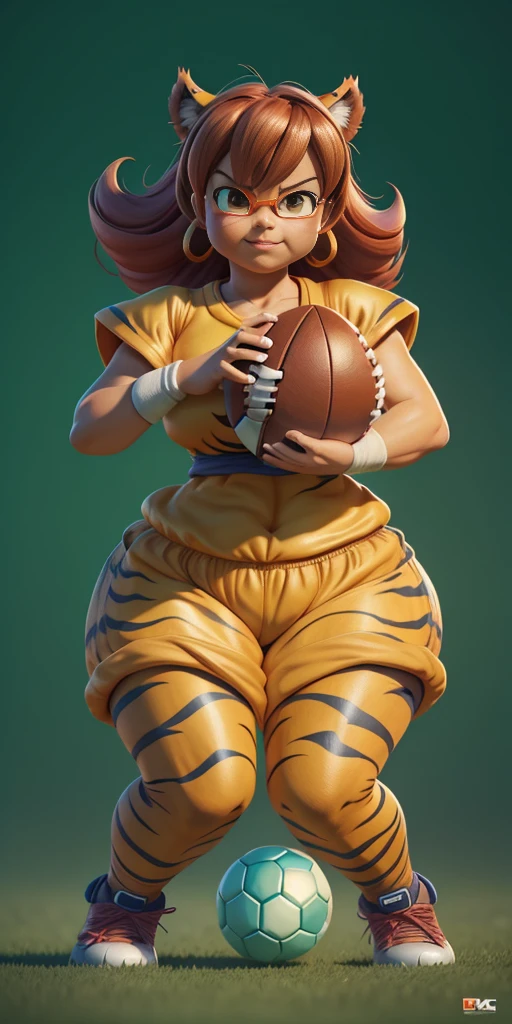 1 cute female tiger (big knockers) playing football,Figures,Digital painting,3D character design by Mark Clairen and Pixar and Hayao Miyazaki and Akira Toriyama,The illustration is a high-definition illustration in 4K resolution,With very detailed facial features and cartoon-style visuals