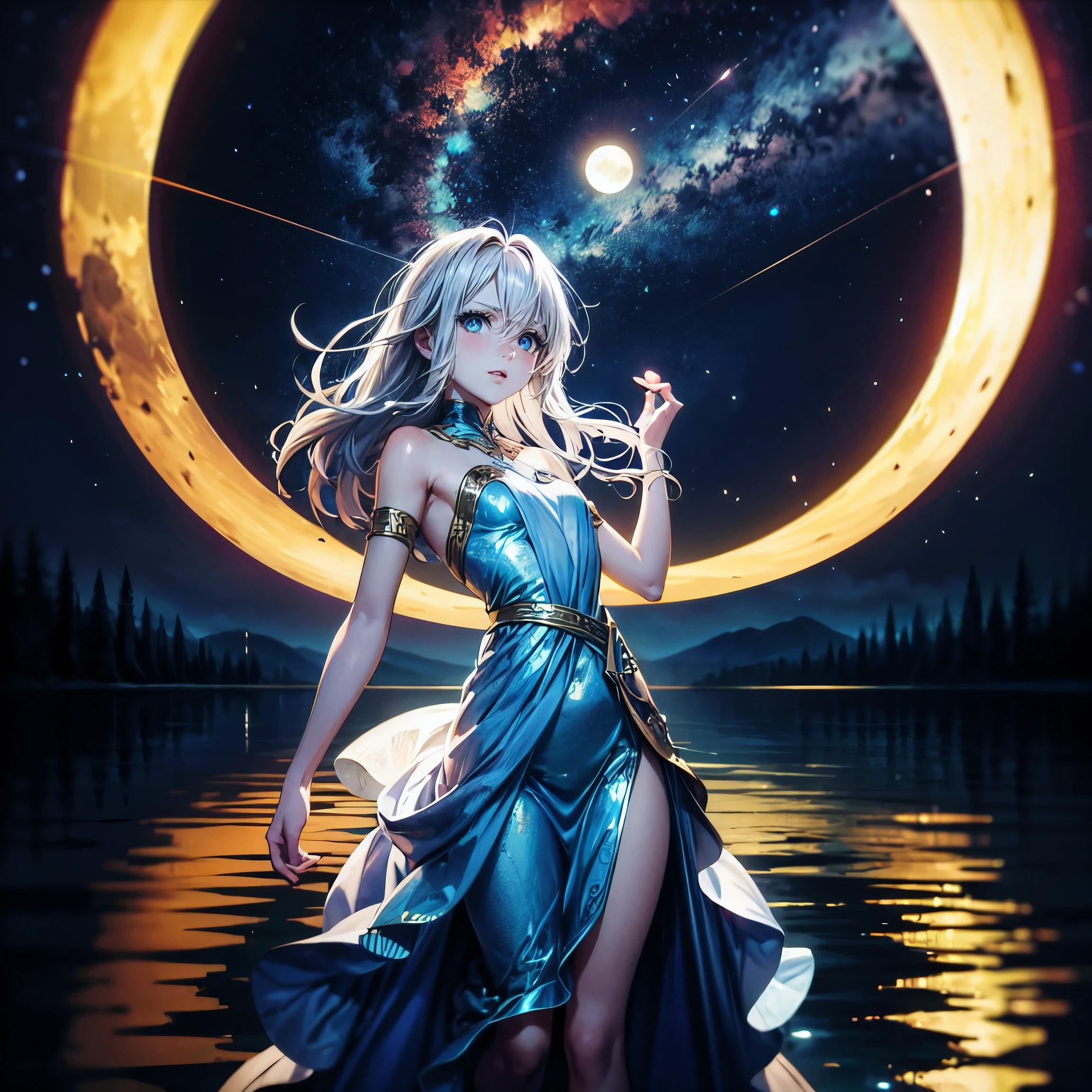 (masterpiece,best quality,ultra-detailed), CG, award winning, ccurate, UHD, textured skin, chromatic aberration, perfect anatomy, Fujicolor, fantasy, 1 young nymph standing in the center of the lake at night, fantastical starry sky, small breasts, short body, silver long hair, innocent blue eyes, wearing graceful azure dress, resting, light particles, moon light, illusory scene