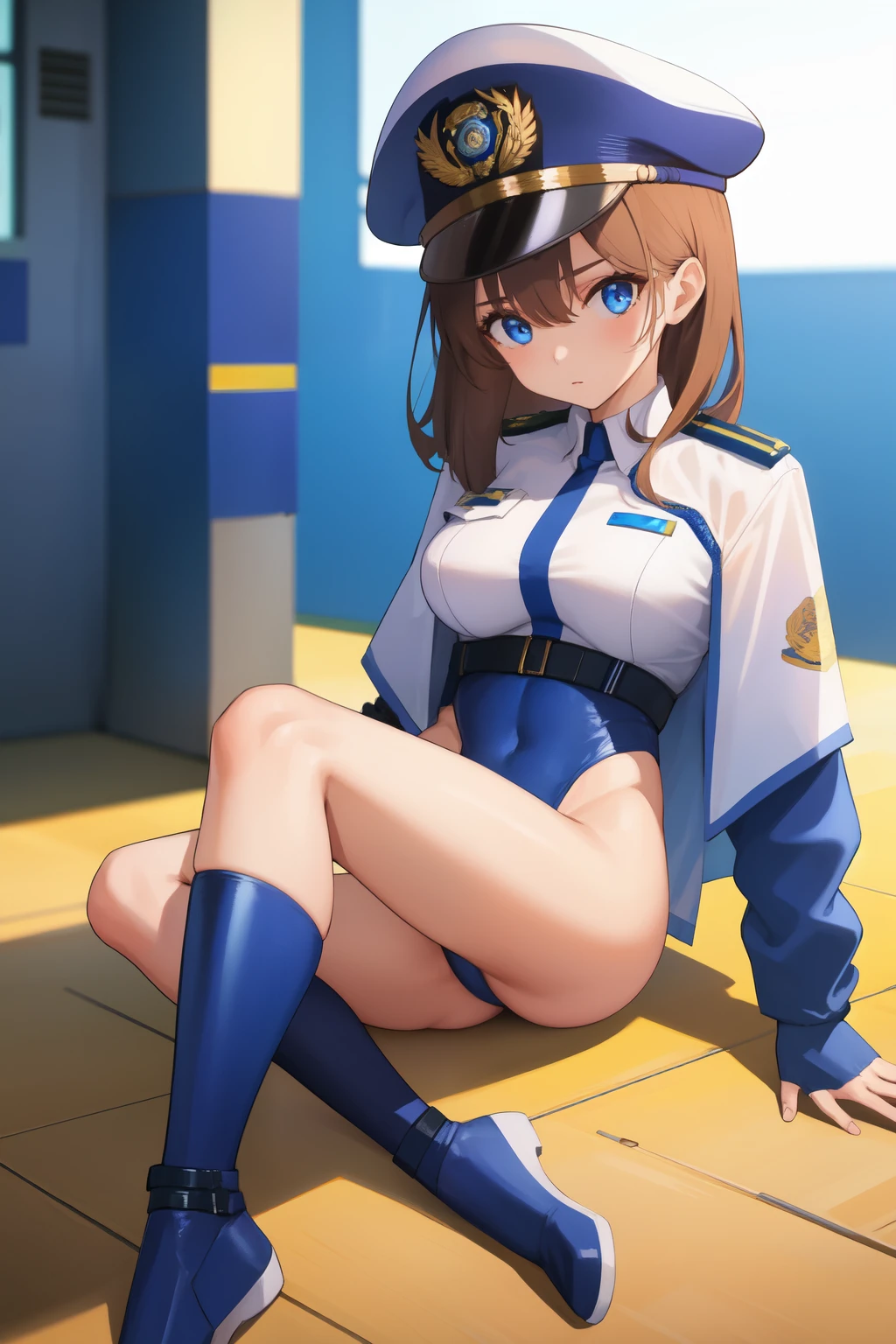 1girl, solo, masterpiece, best quality, police uniform, leotard, bare legs