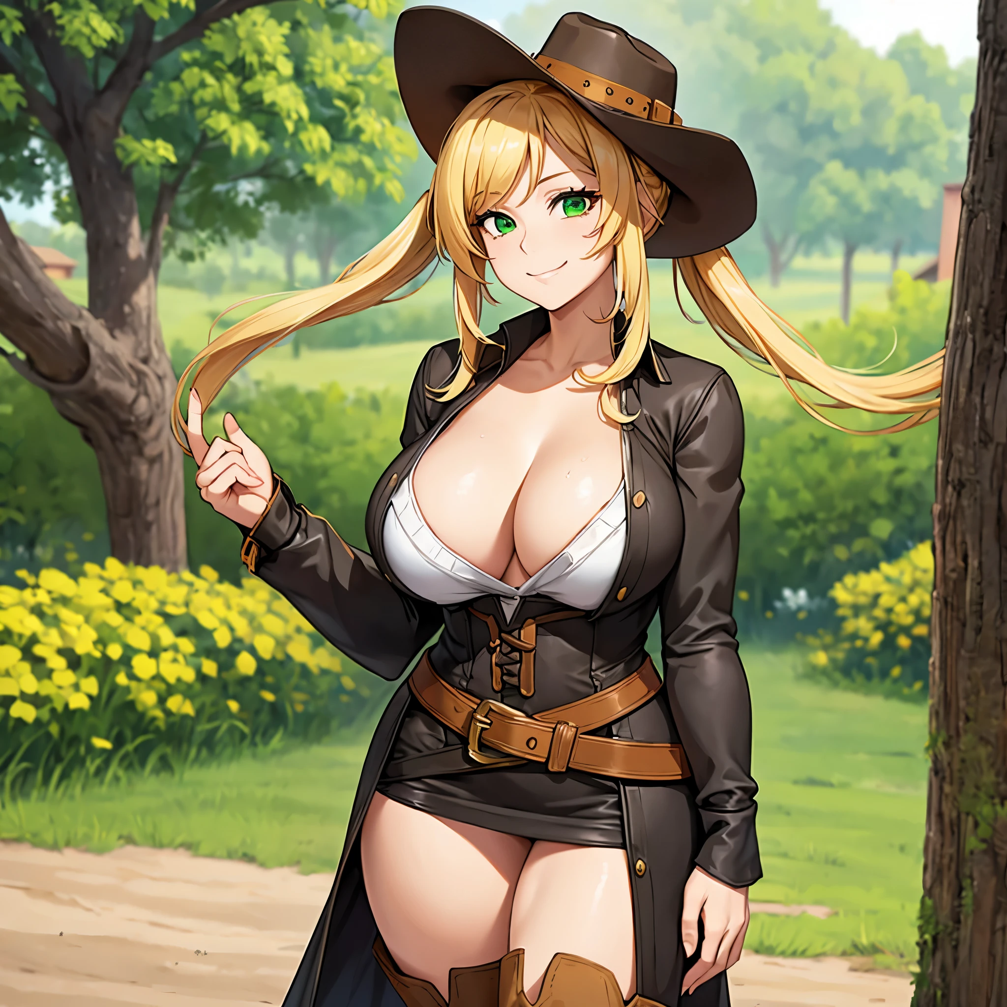 a woman with long blonde hair, pigtails, green eyes, cowboy hat, wearing a female cowboy costume, cowboy boots on a farm, well detailed, smiling, big breasts, trees in the background,HDR, ultra resolution, well defined, masterpiece, 8K HD. (solo woman)
